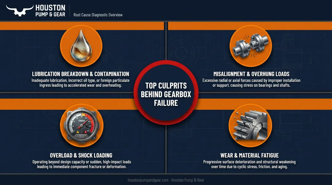 Four root causes of industrial gearbox failure overview diagram
