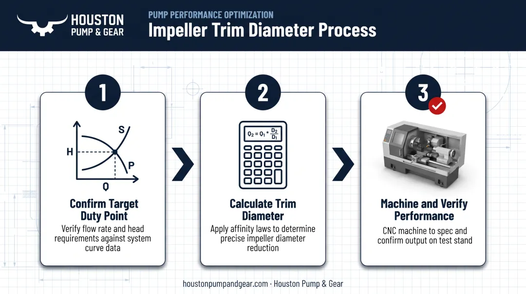 Three-step impeller trimming process from duty point to verification