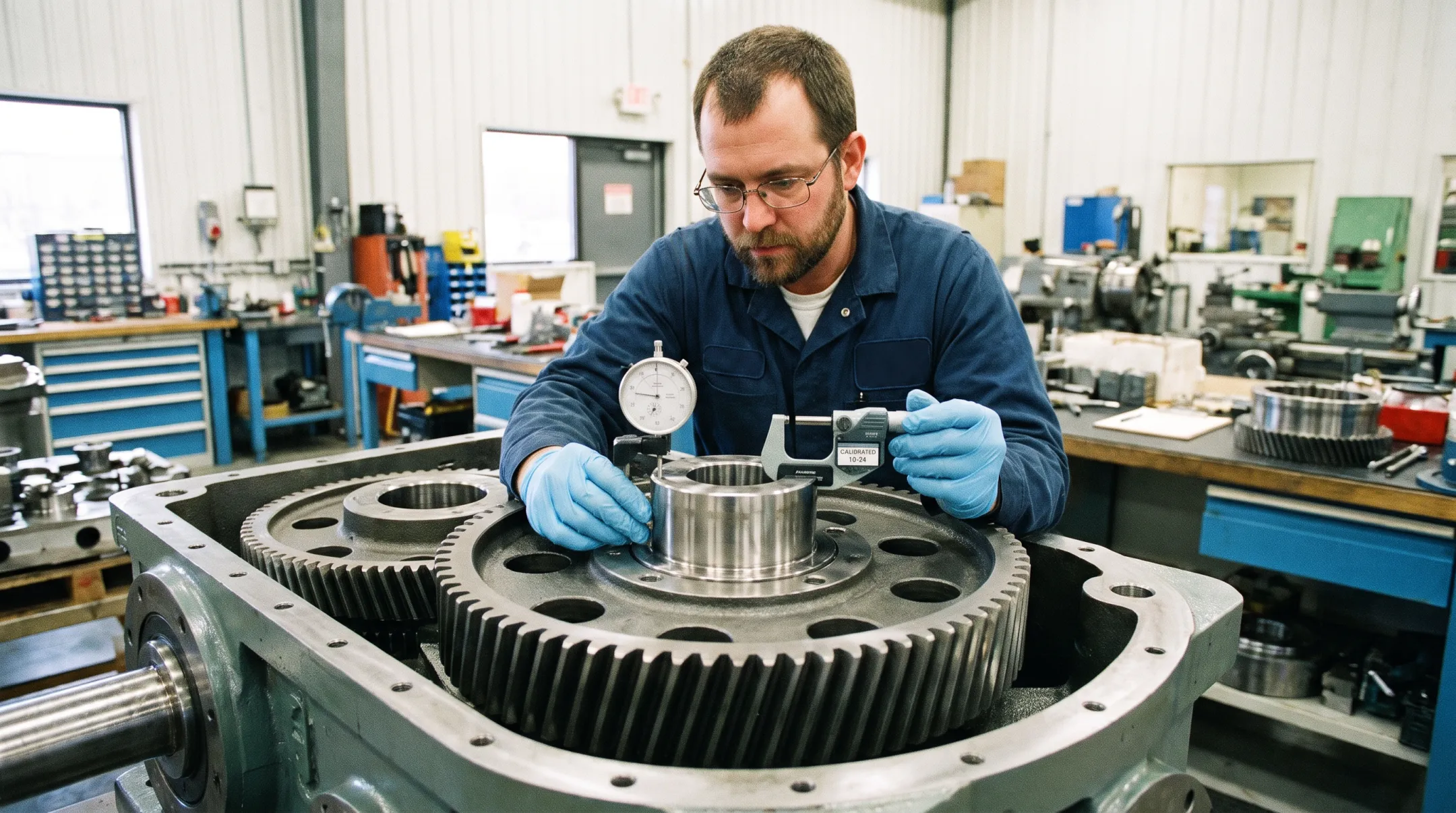 Technician performing precision gearbox repair to exact tolerance specifications