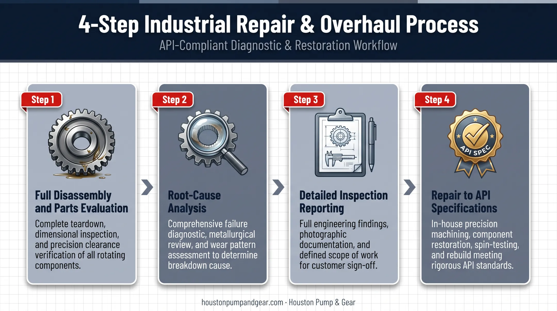 Four-step precision repair process from disassembly to API specification repair