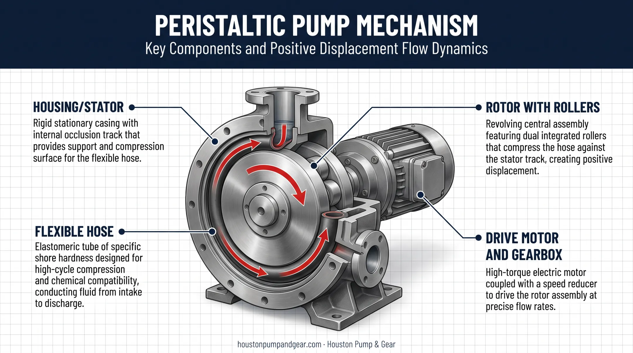 Peristaltic pump cross-section showing rollers compressing flexible hose