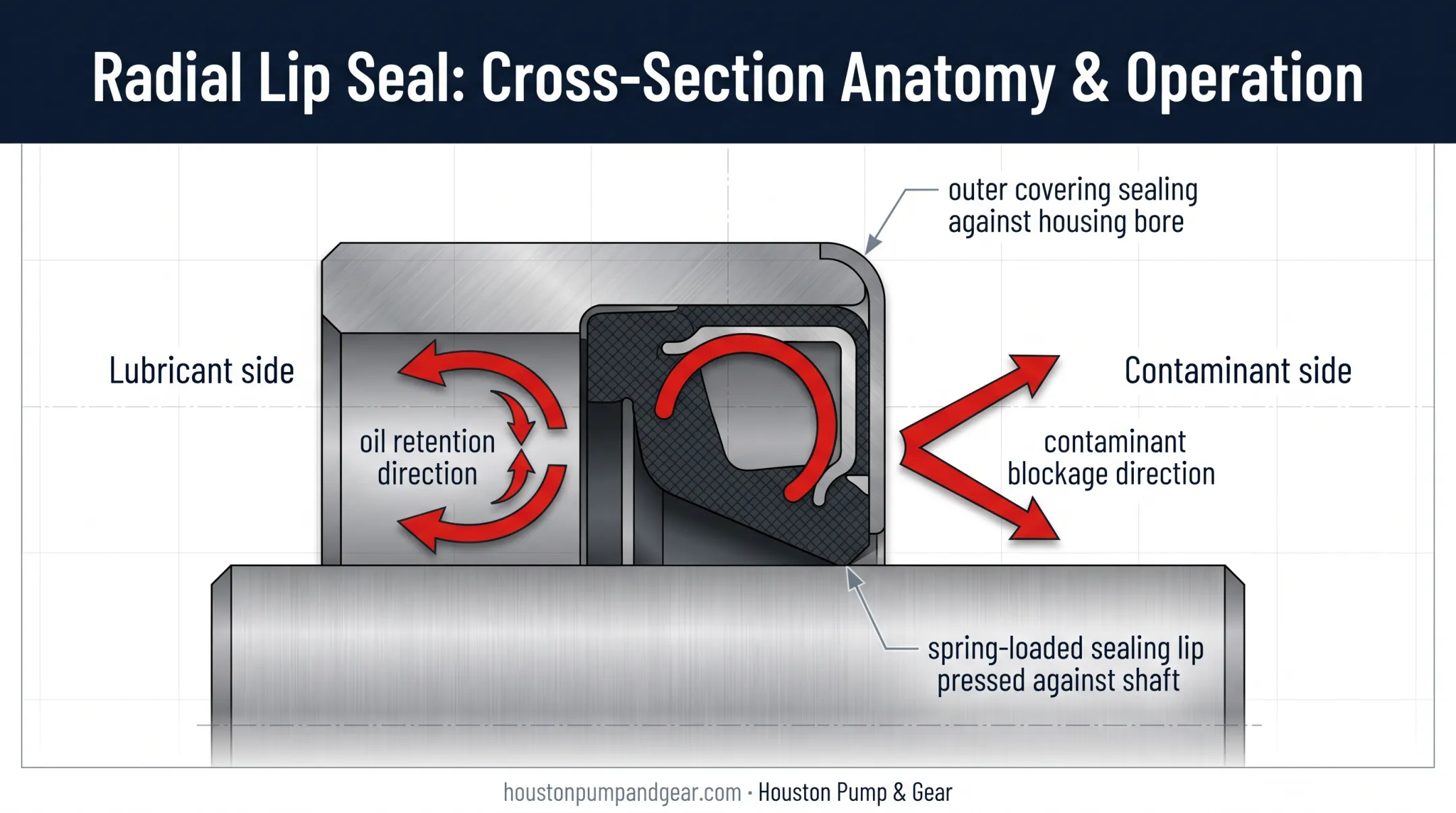 Gearbox radial lip seal cross-section showing shaft housing and lip components