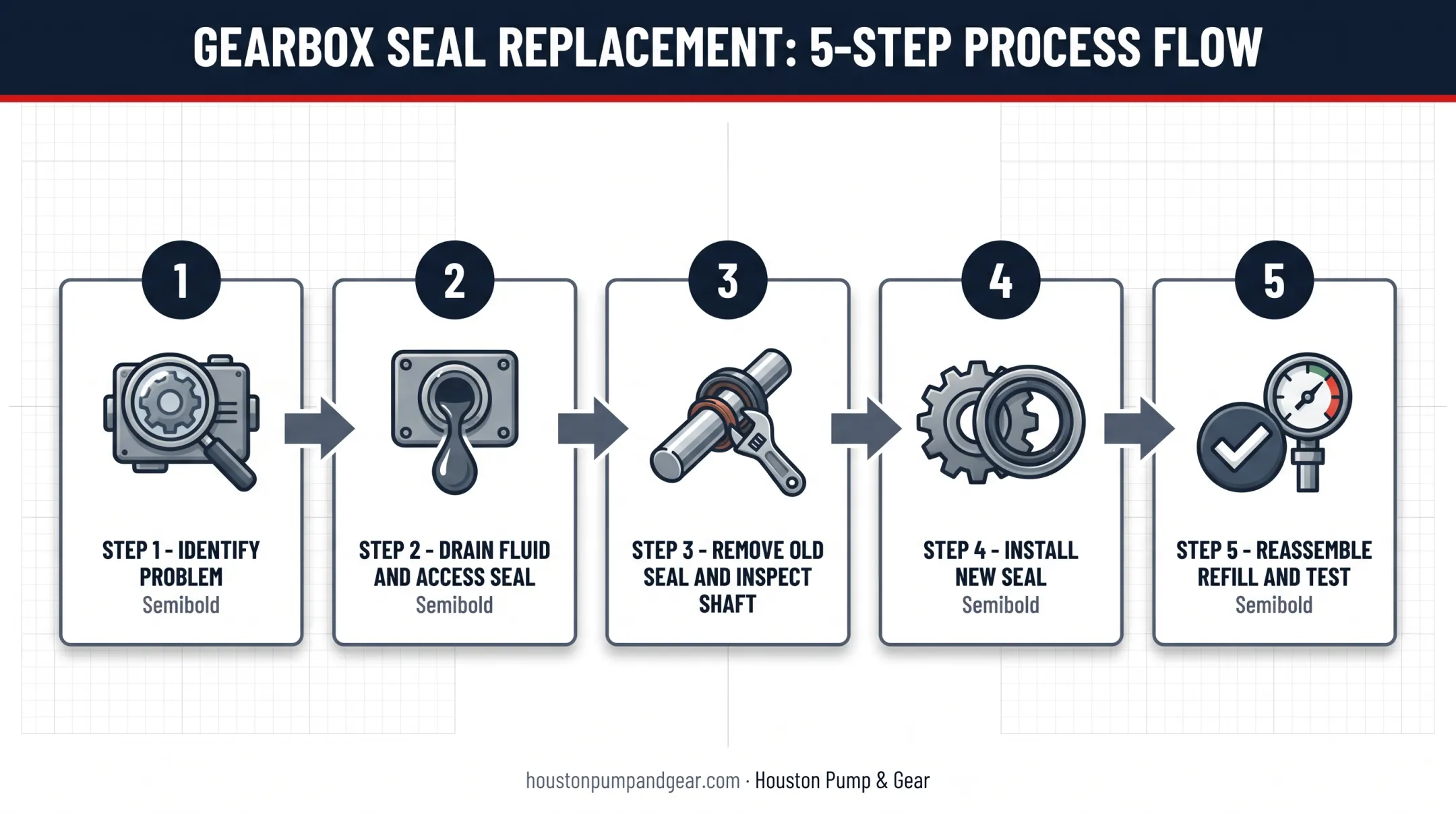 5-step gearbox seal replacement process from diagnosis to testing