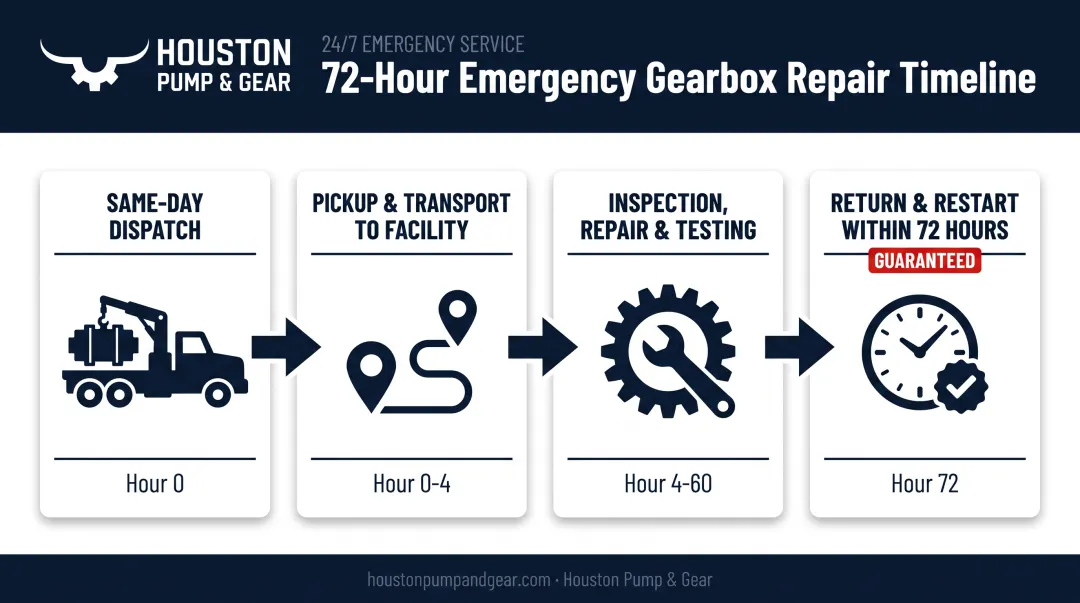 72-hour emergency gearbox repair timeline from failure to restart