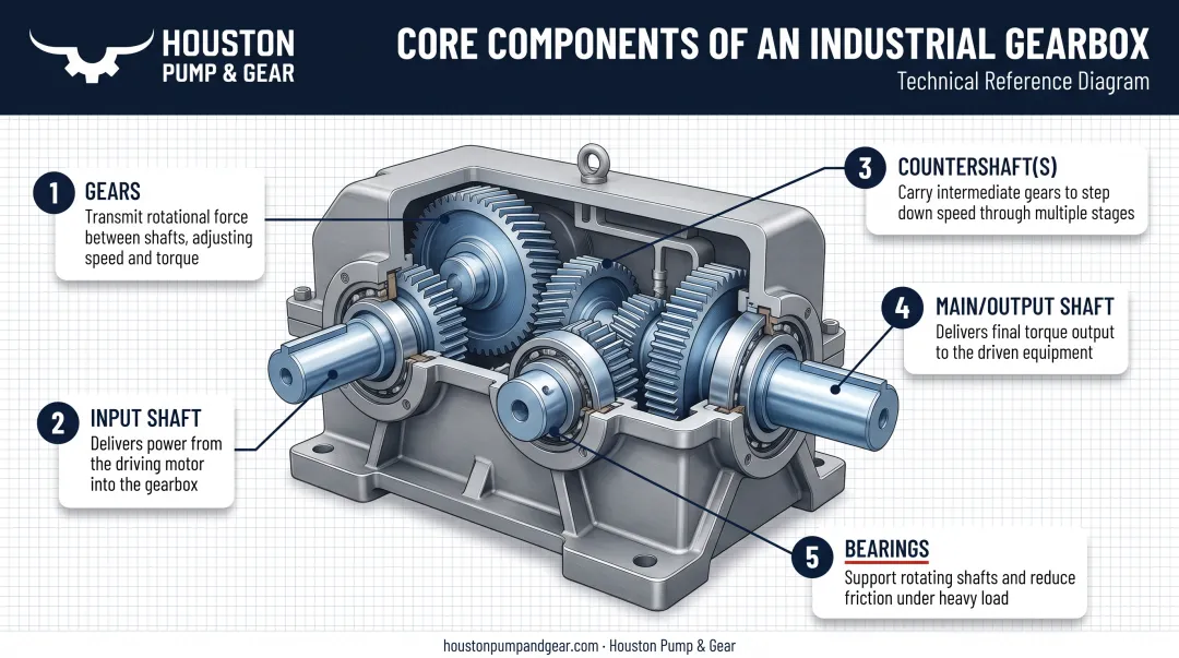 Industrial gearbox anatomy diagram showing gears shafts and bearings