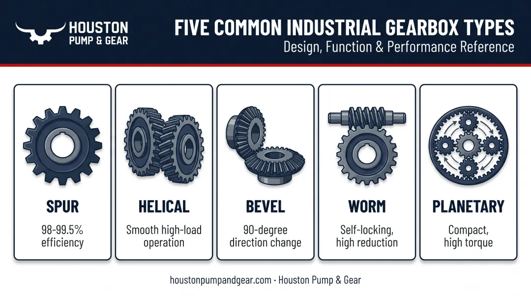 Five industrial gearbox types compared spur helical bevel worm planetary