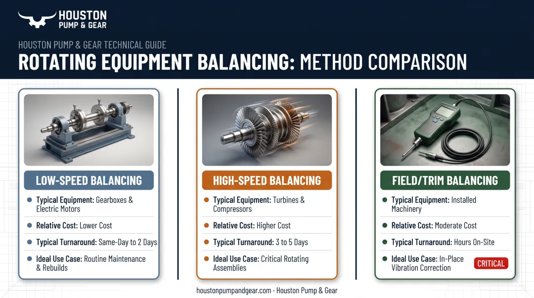Low-speed high-speed and field trim balancing methods comparison chart