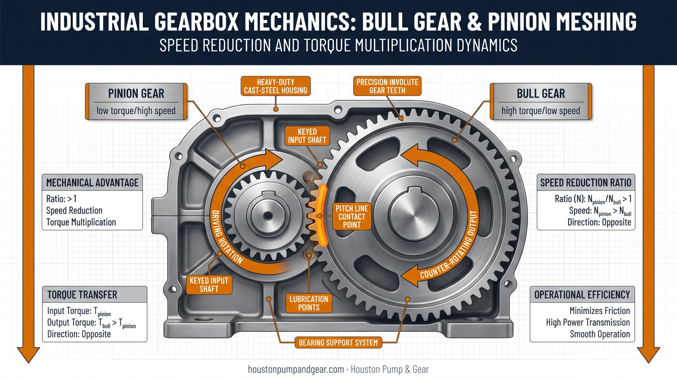 Bull gear and pinion gear mesh diagram showing torque transmission