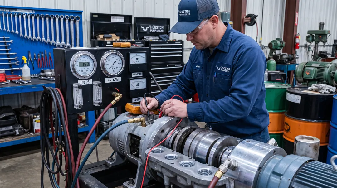 Technician load-testing repaired industrial screw pump before service return