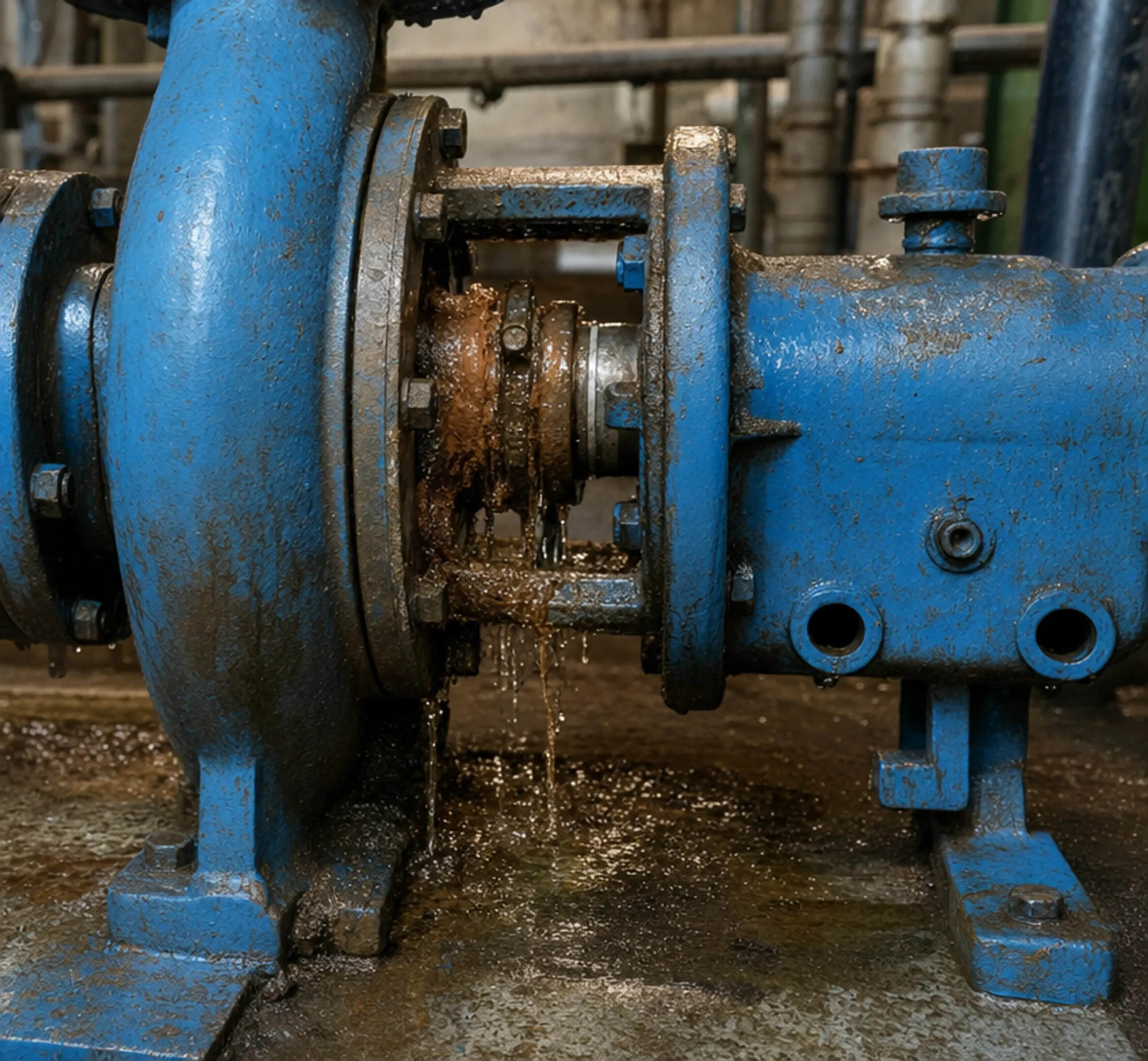 Industrial booster pump mechanical seal showing leakage and wear damage