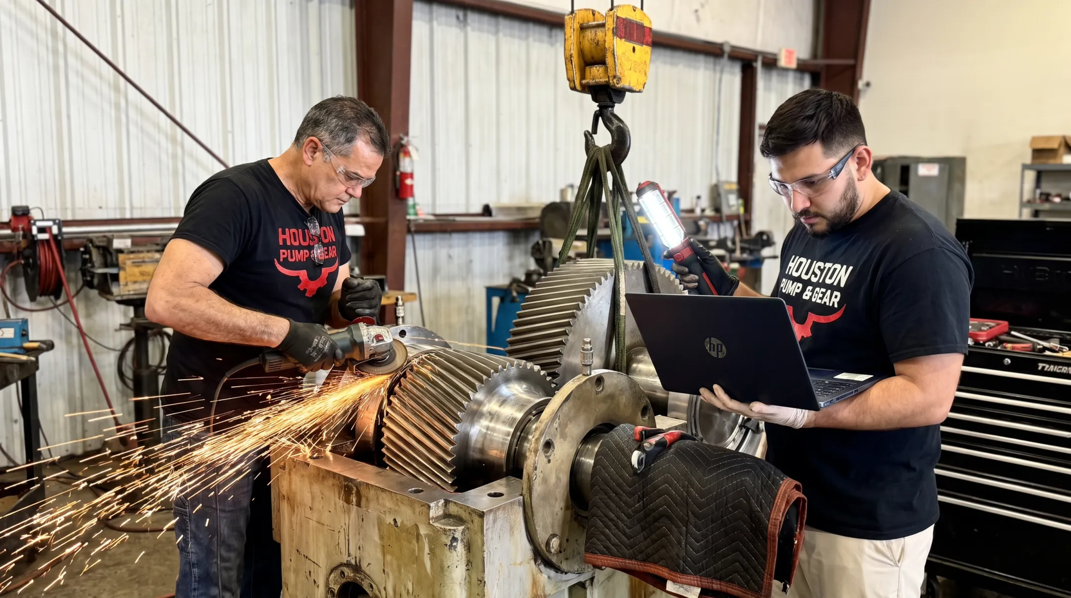 Technician performing emergency industrial pump and gearbox repair service