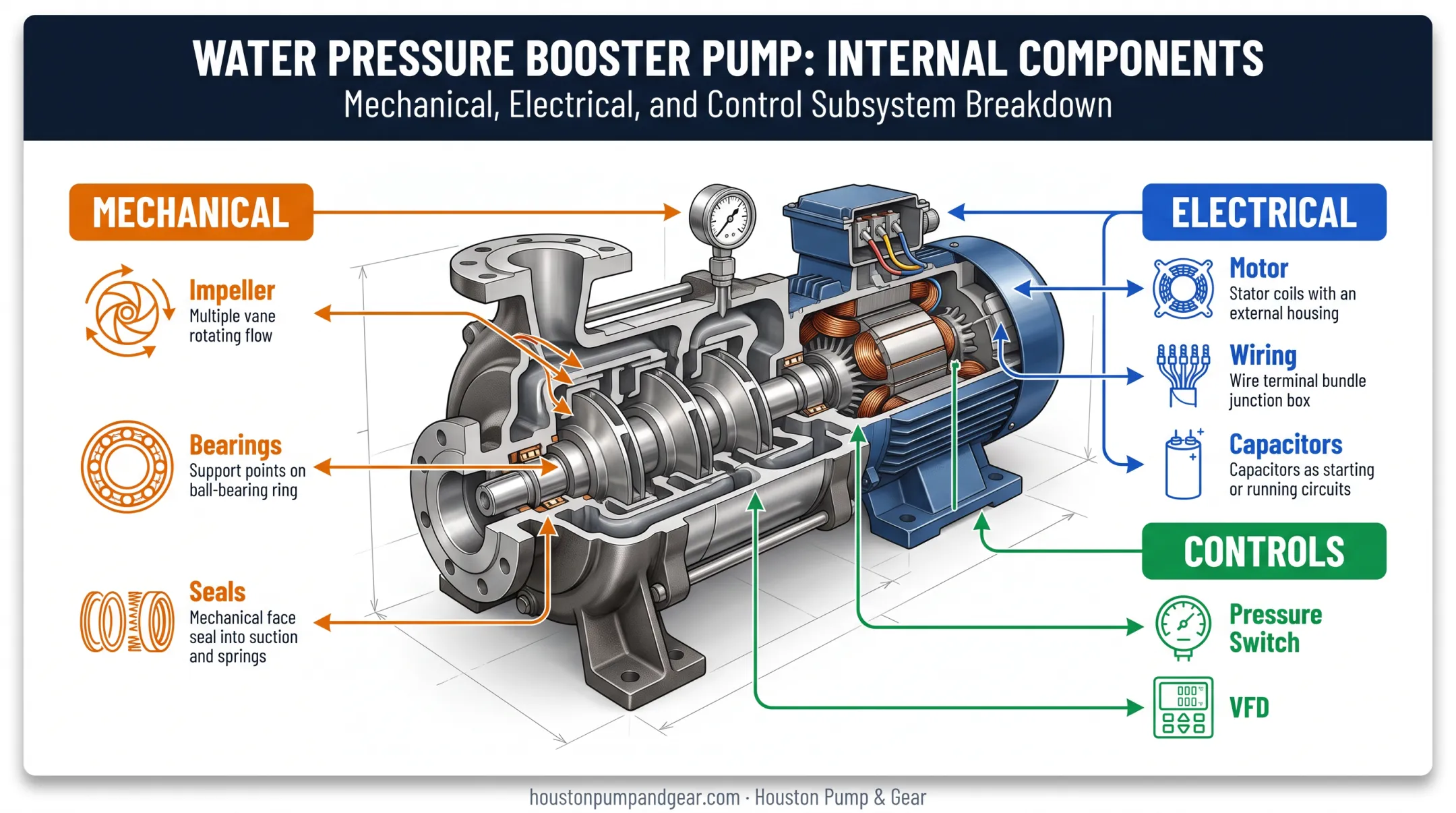 Booster pump cross-section showing mechanical electrical and control components