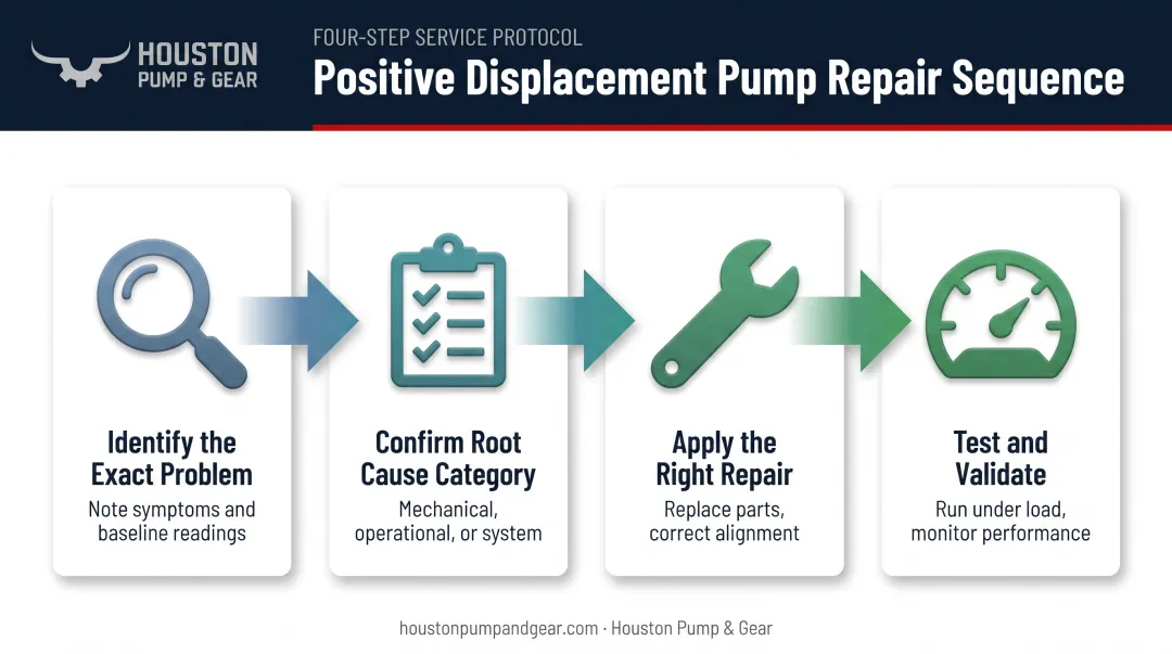 Four-step positive displacement pump repair process flow diagram