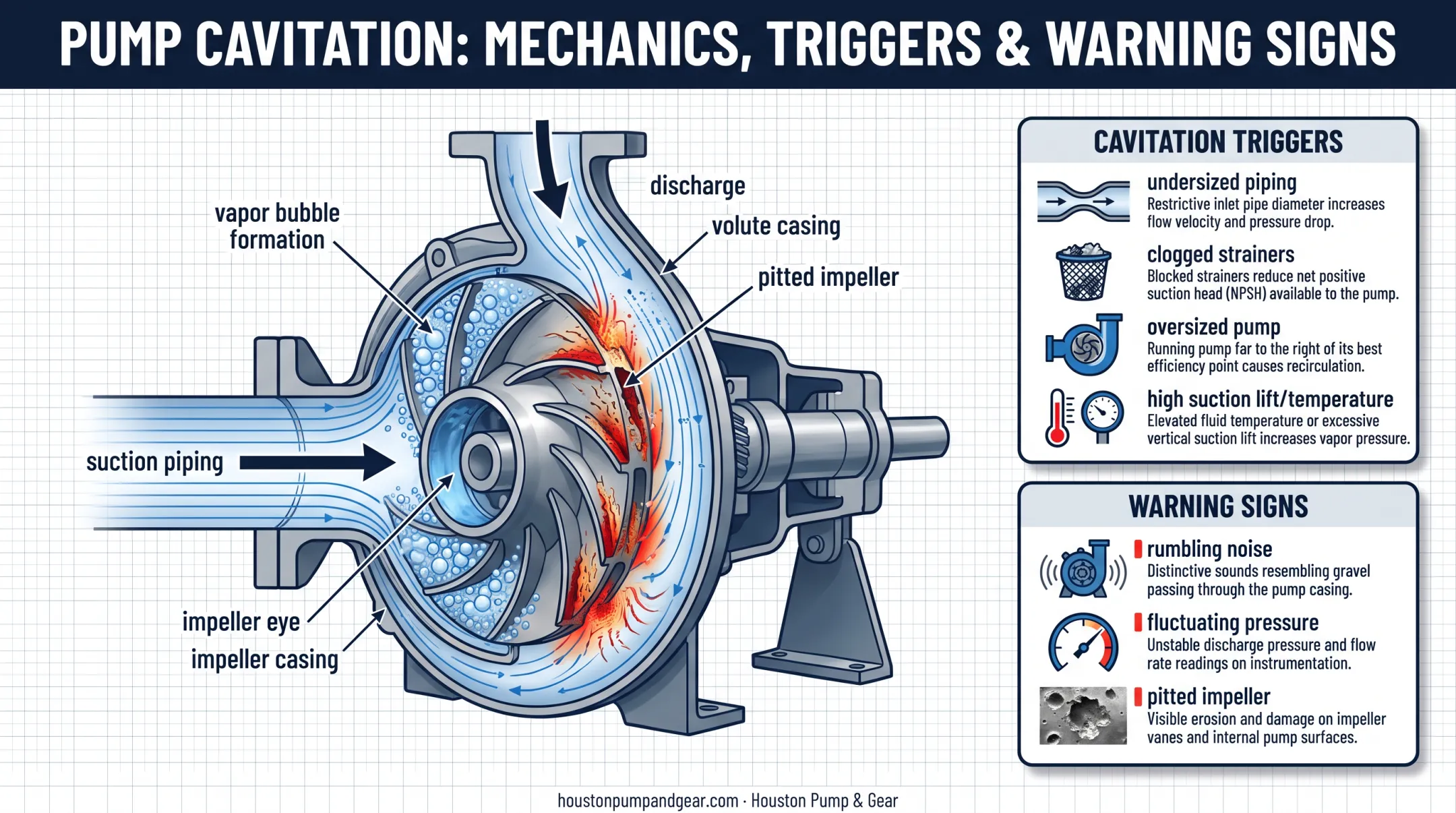 Cavitation causes and warning signs in industrial pumps diagram