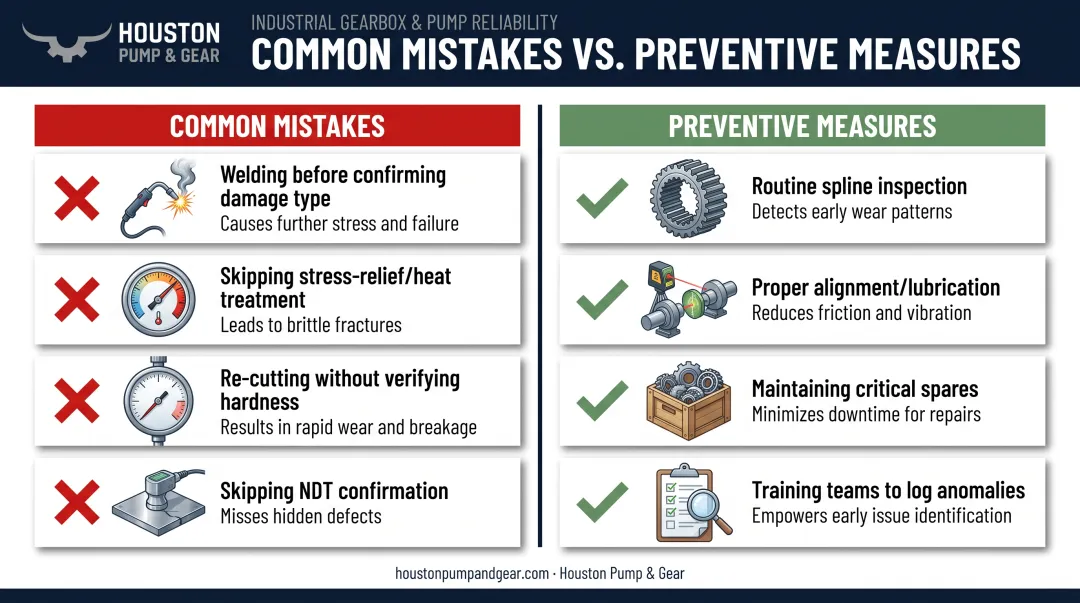 Common spline repair mistakes versus preventive maintenance measures comparison