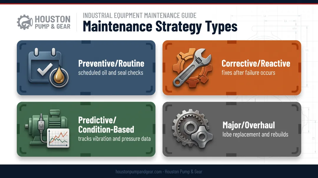 Four types of rotary lobe pump maintenance strategies comparison infographic