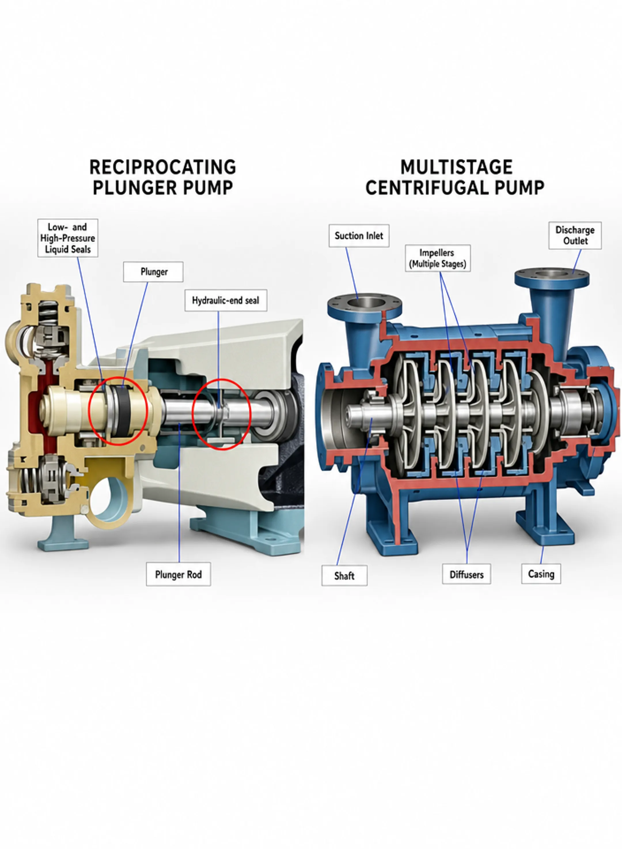 Reciprocating and multistage centrifugal high pressure pump designs comparison