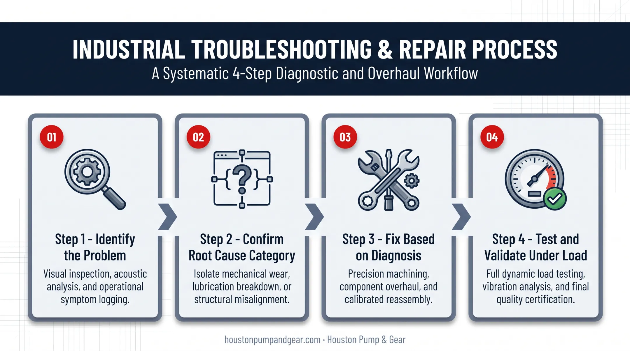 Four-step high pressure pump troubleshooting and repair process flow