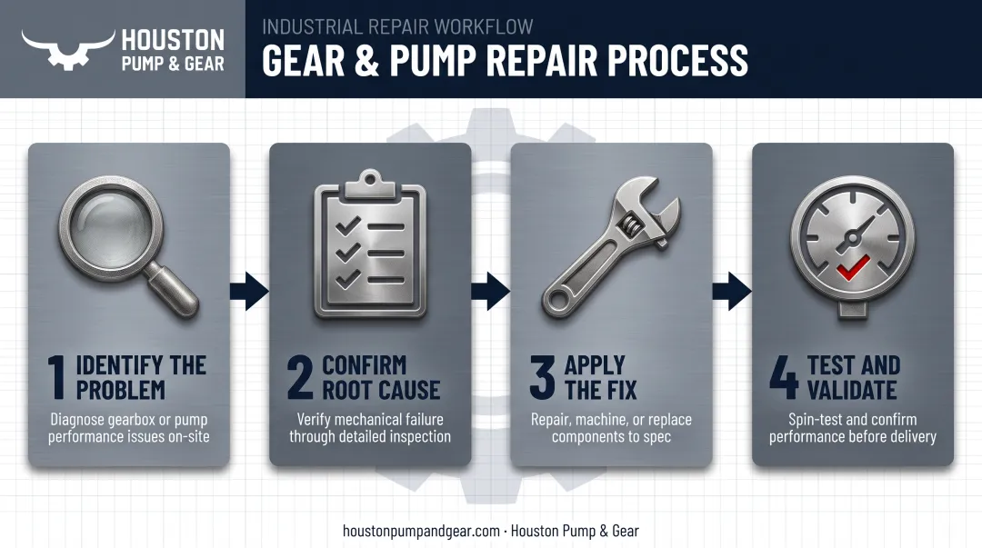 Four-step industrial gear repair process from diagnosis to validation