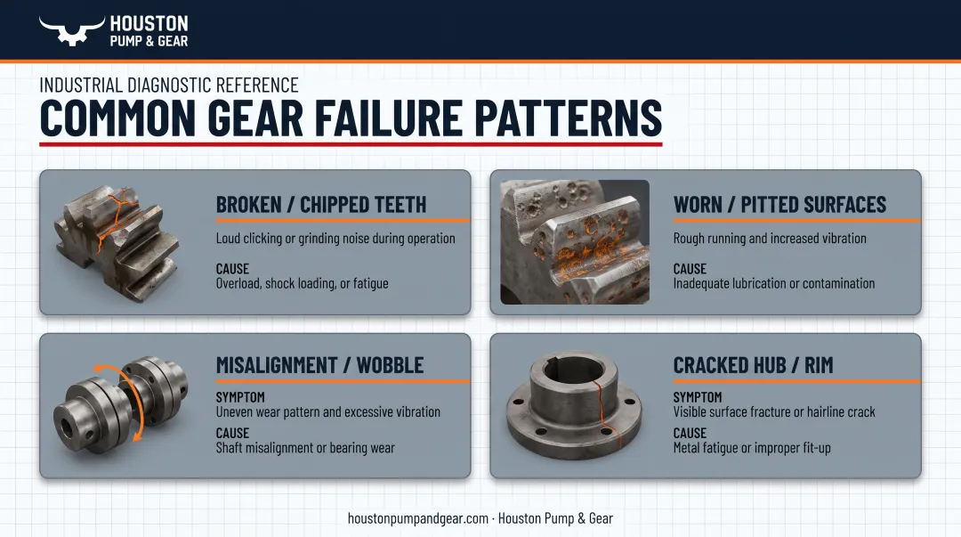 Four common industrial gear failure patterns with symptoms and causes