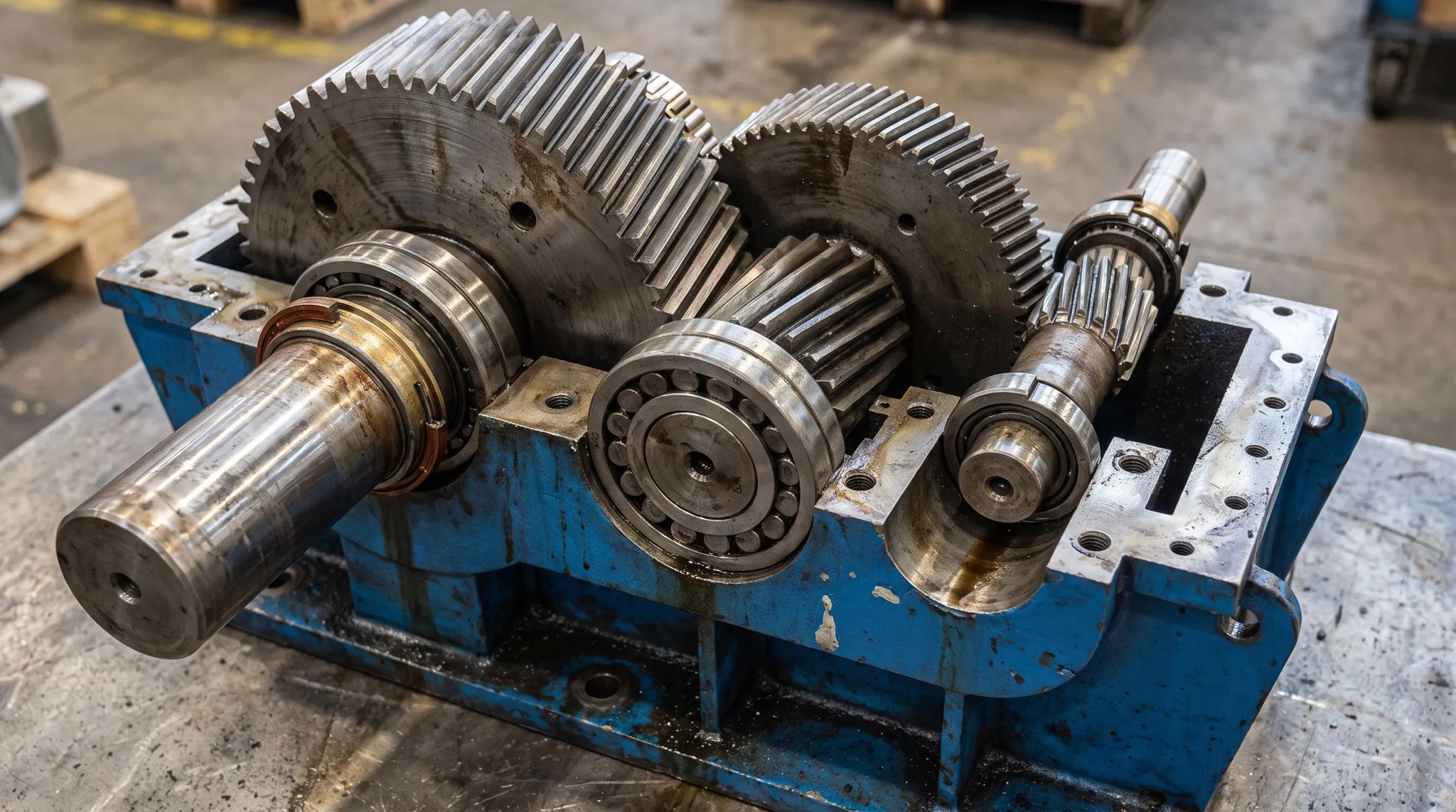 Industrial gearbox and shaft components inside heavy machinery housing