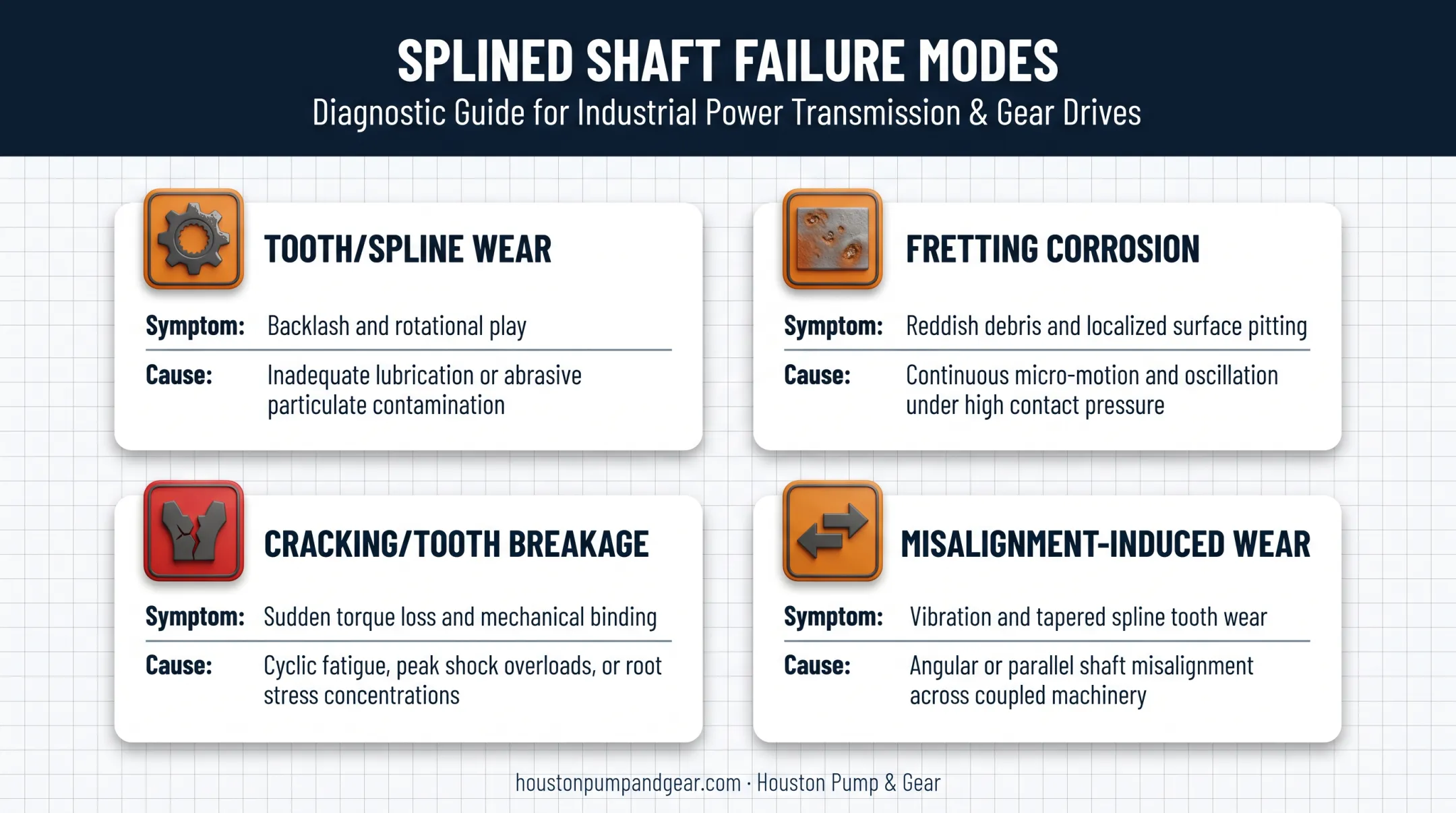 Four common splined shaft failure types with symptoms and causes