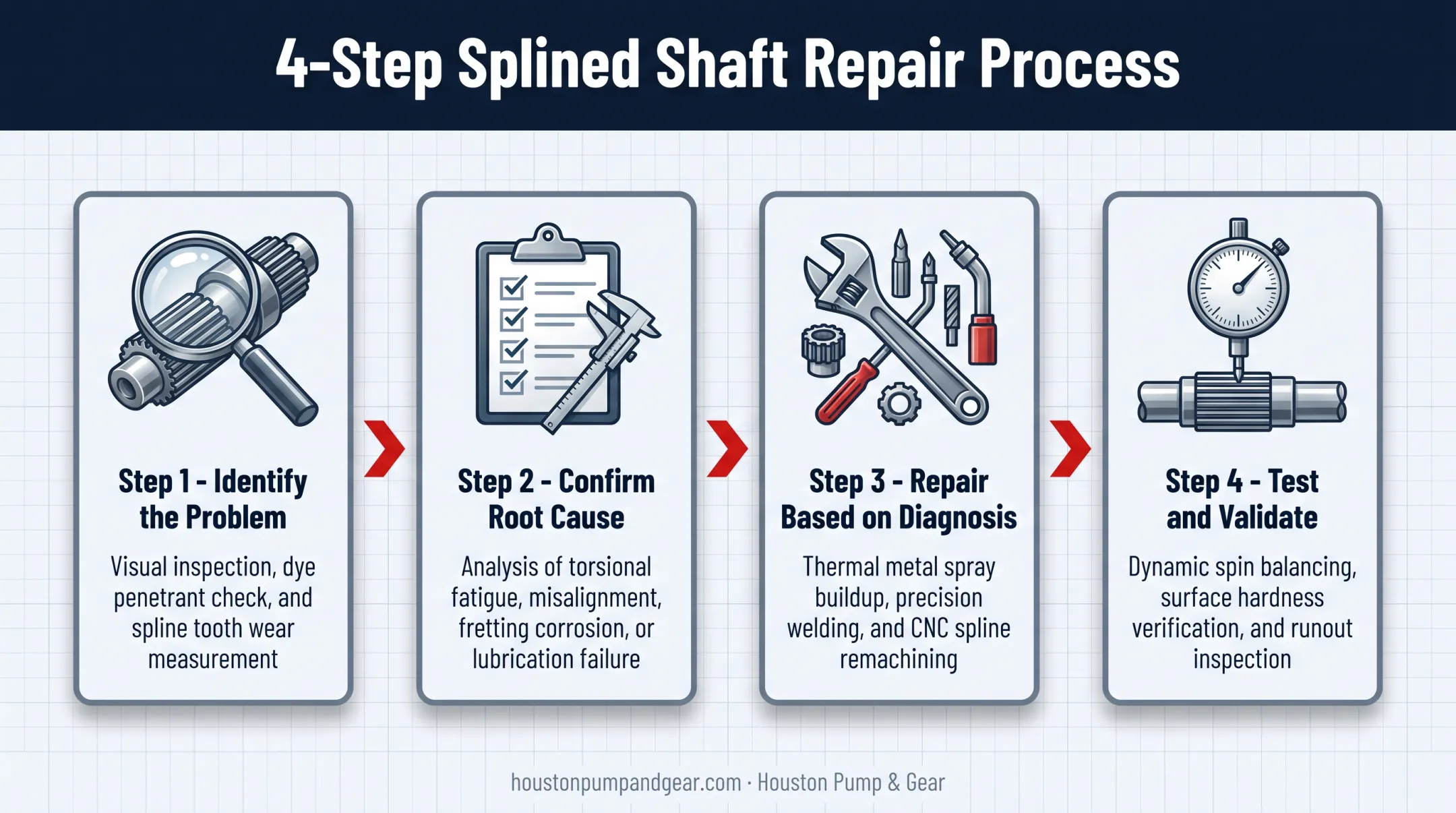 Four-step splined shaft repair and validation process flow diagram