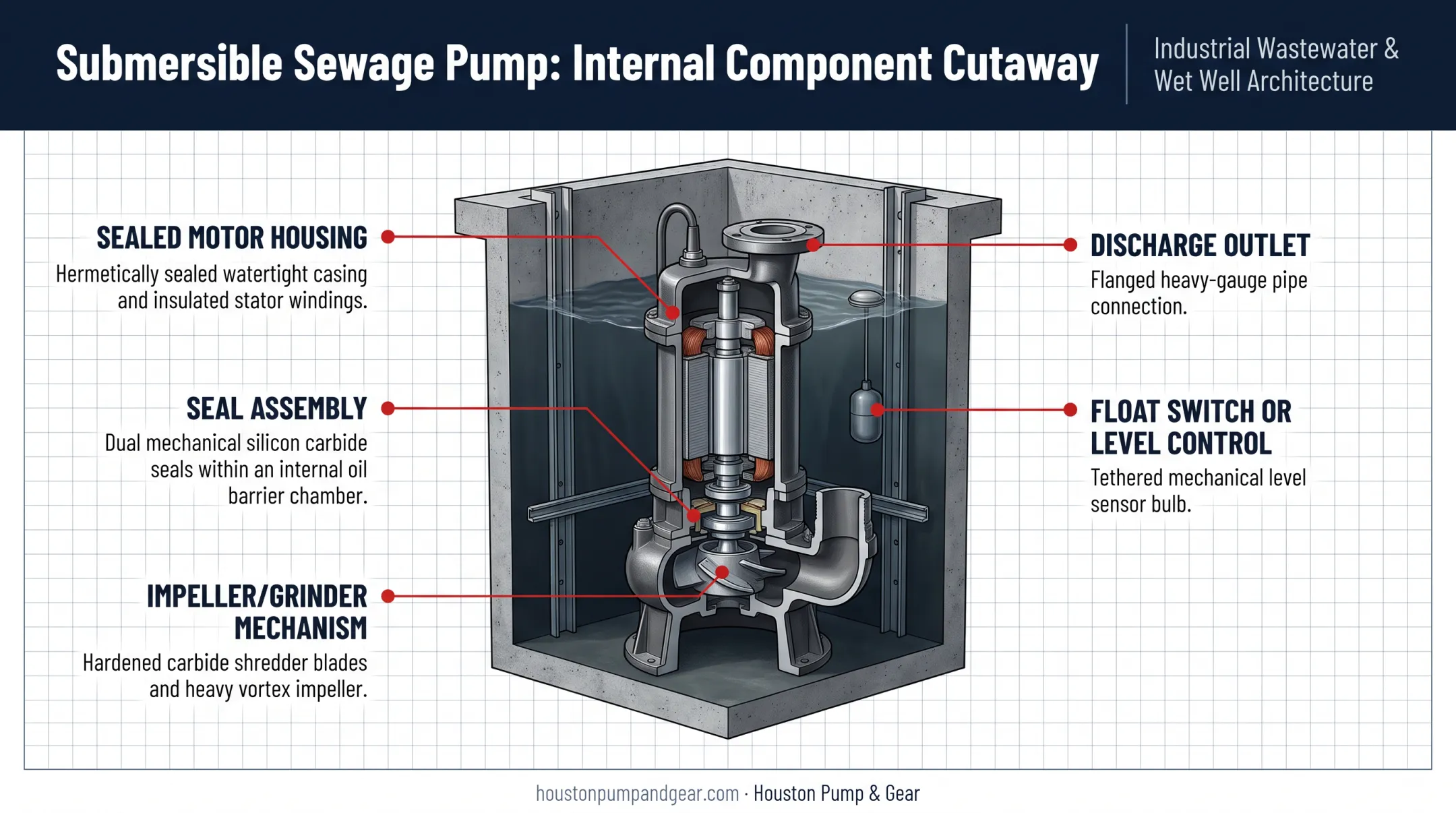 Cutaway diagram of submersible sewage pump internal components