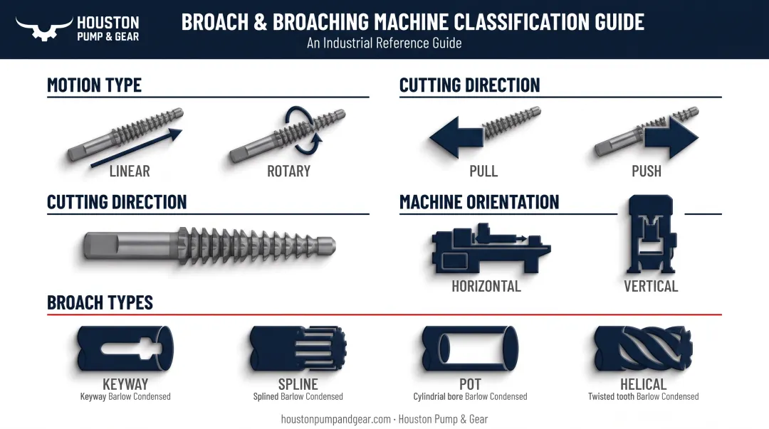 Classification chart of gear broach types and broaching machine configurations