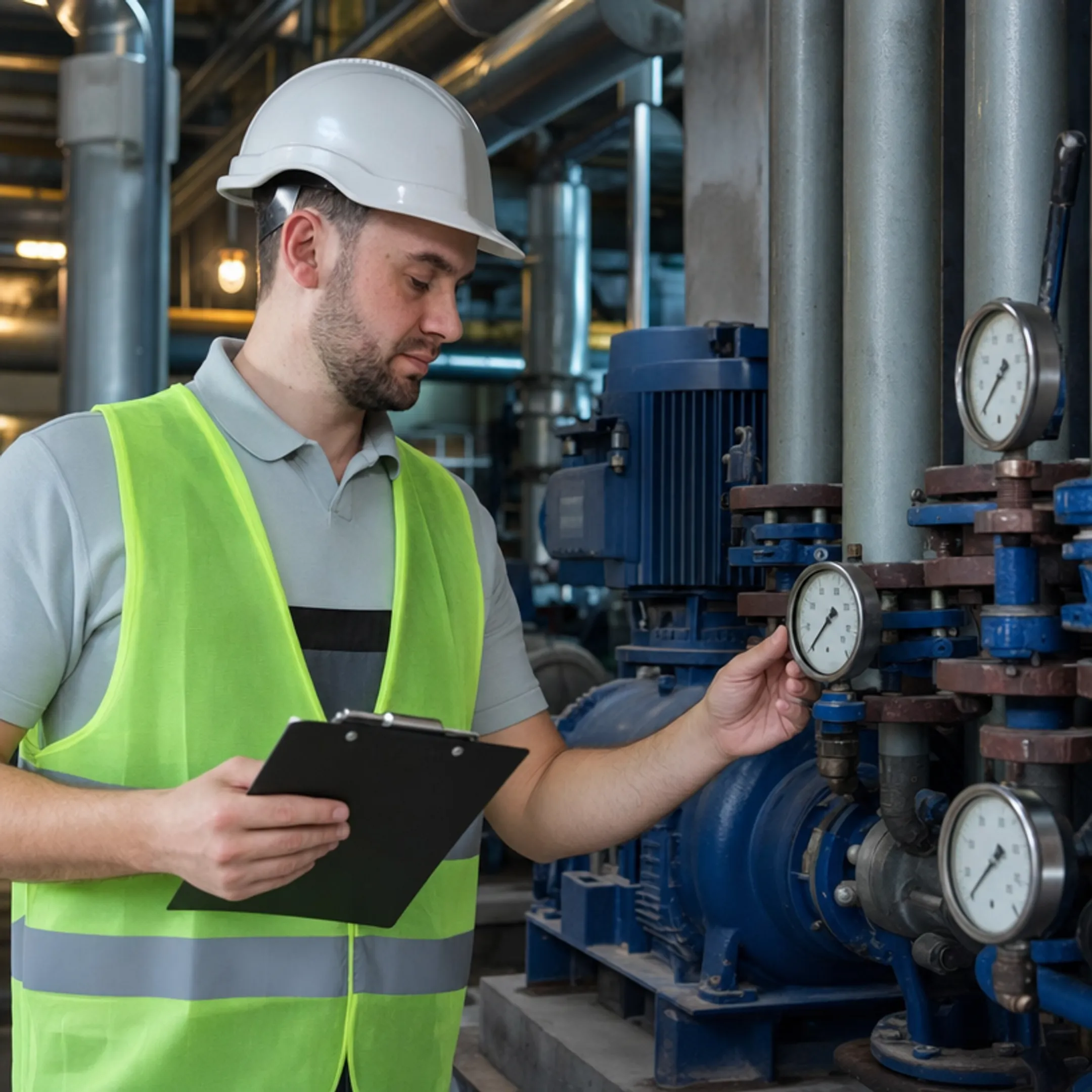 Industrial technician recording pump pressure gauge readings during test