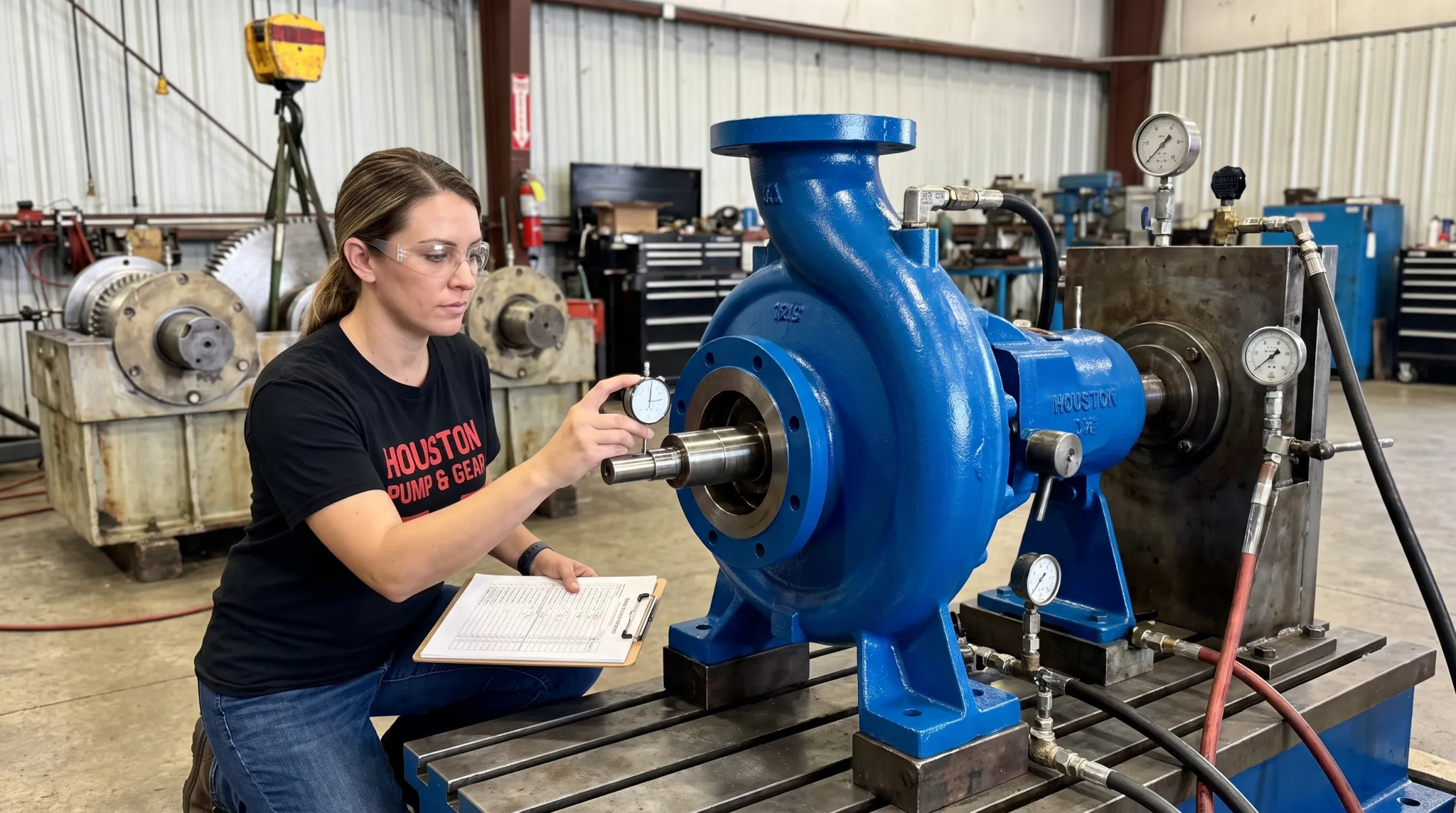 Houston Pump and Gear technician performing gearbox repair quality check