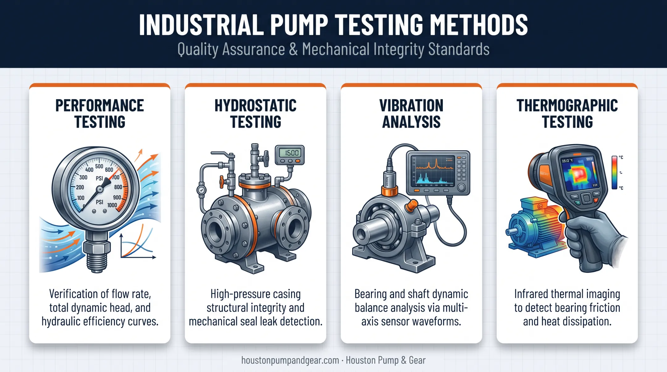 Four main pump testing types comparison chart with icons