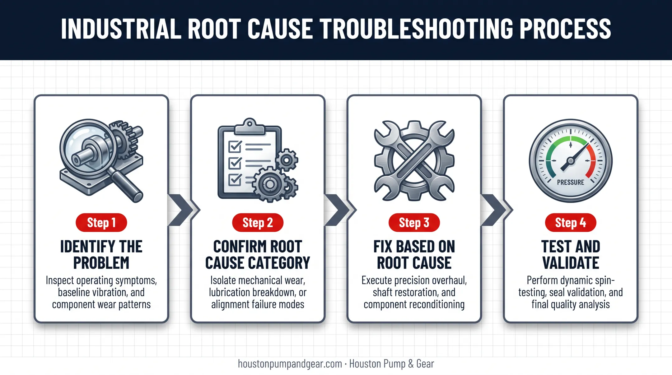 Four-step gearbox seal repair process from diagnosis to validation