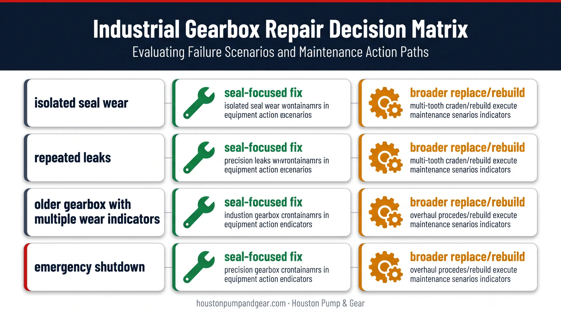 Decision matrix comparing seal repair versus full gearbox rebuild scenarios