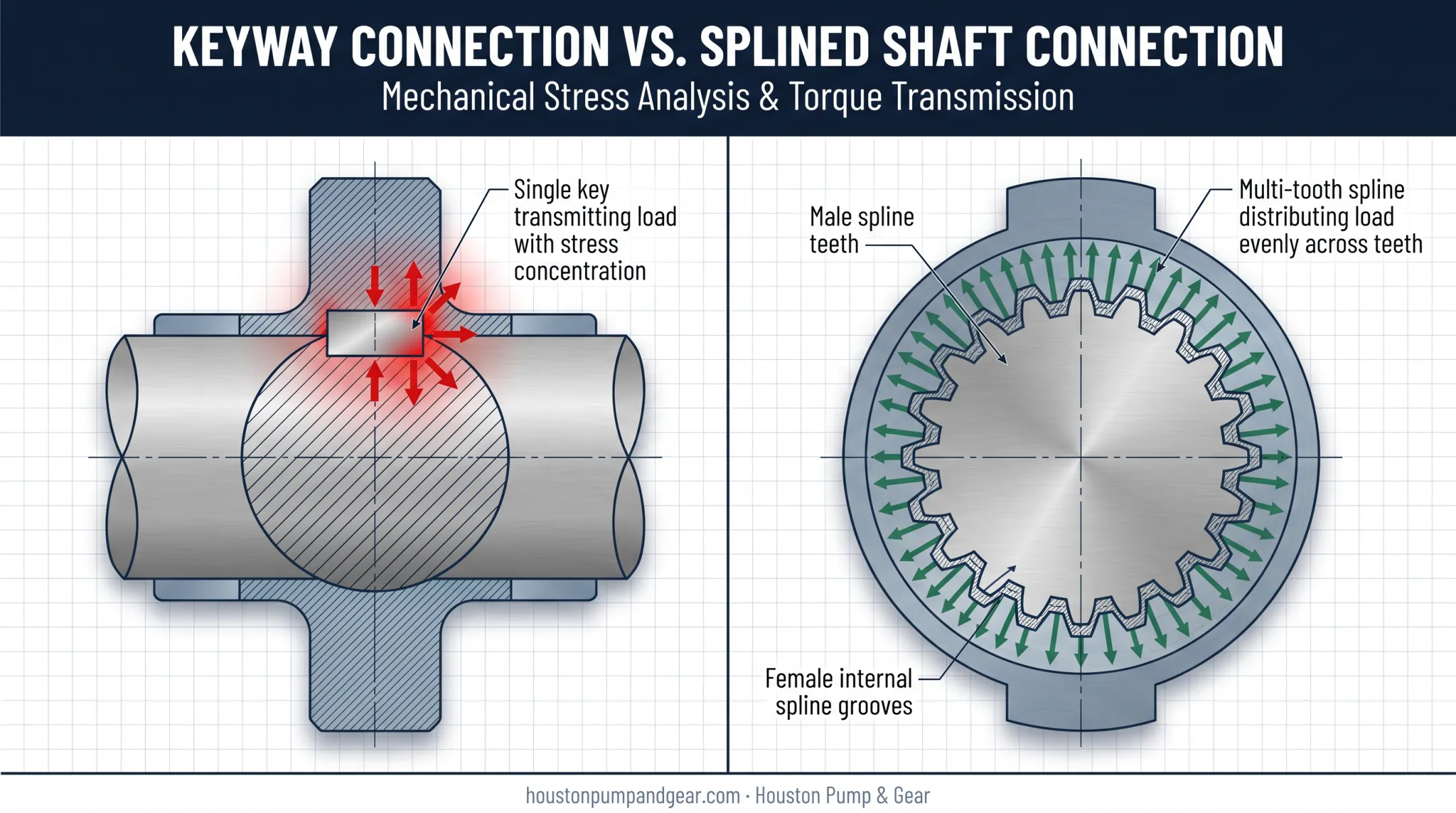 Male shaft splines versus internal hub spline cross-section diagram