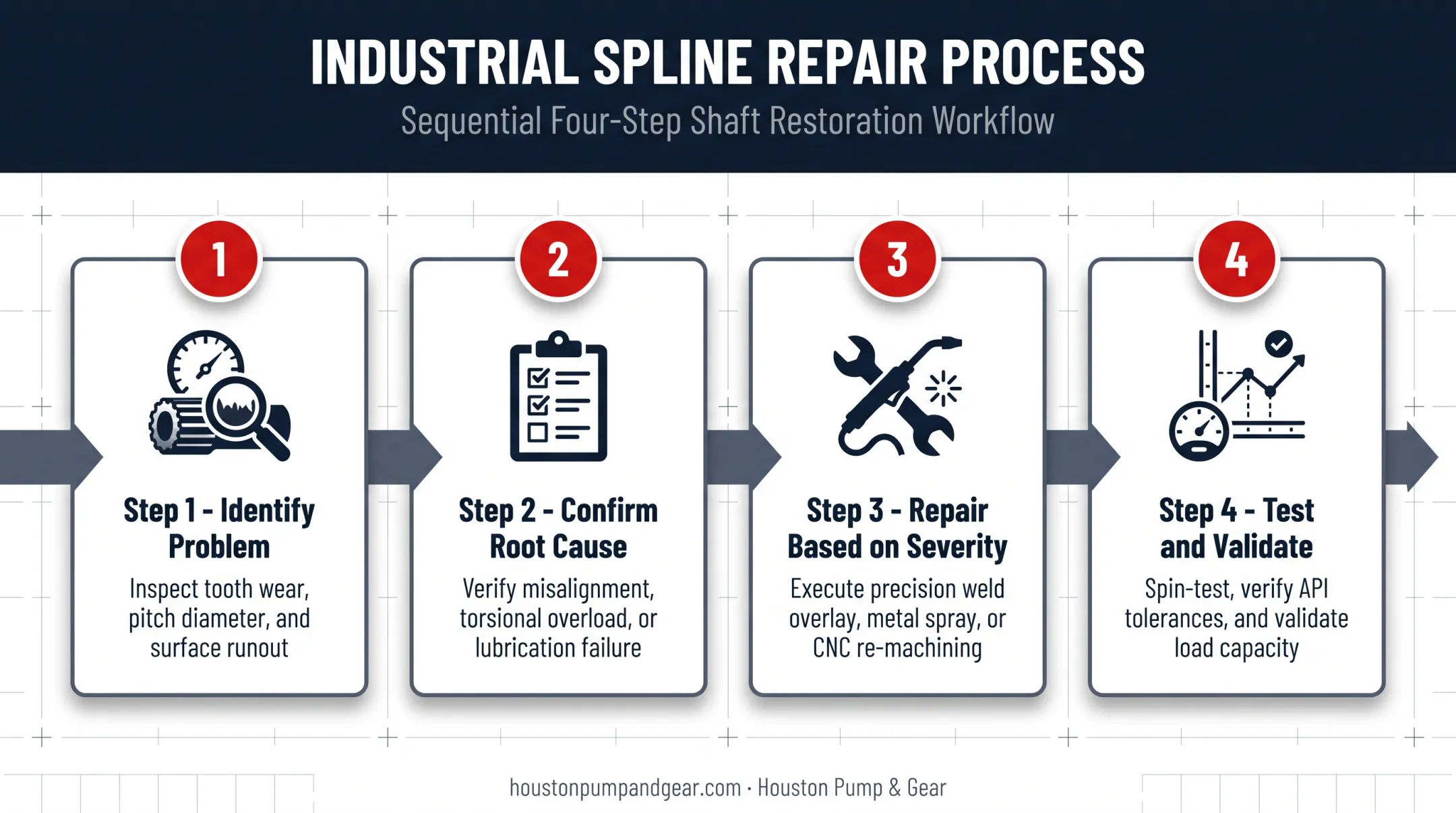 Four-step spline repair process from diagnosis to load testing