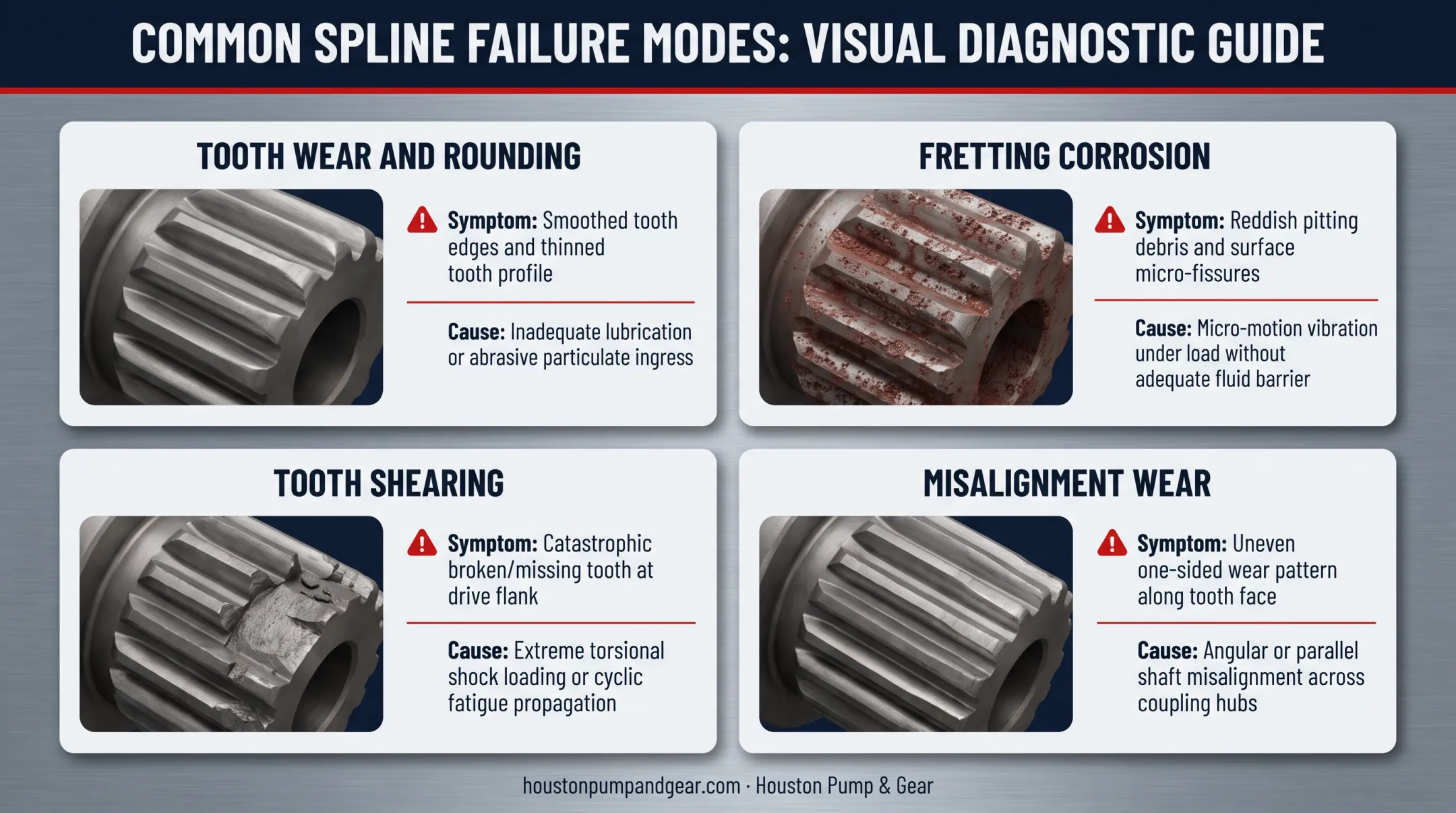 Four common spline failure patterns wear corrosion shearing misalignment