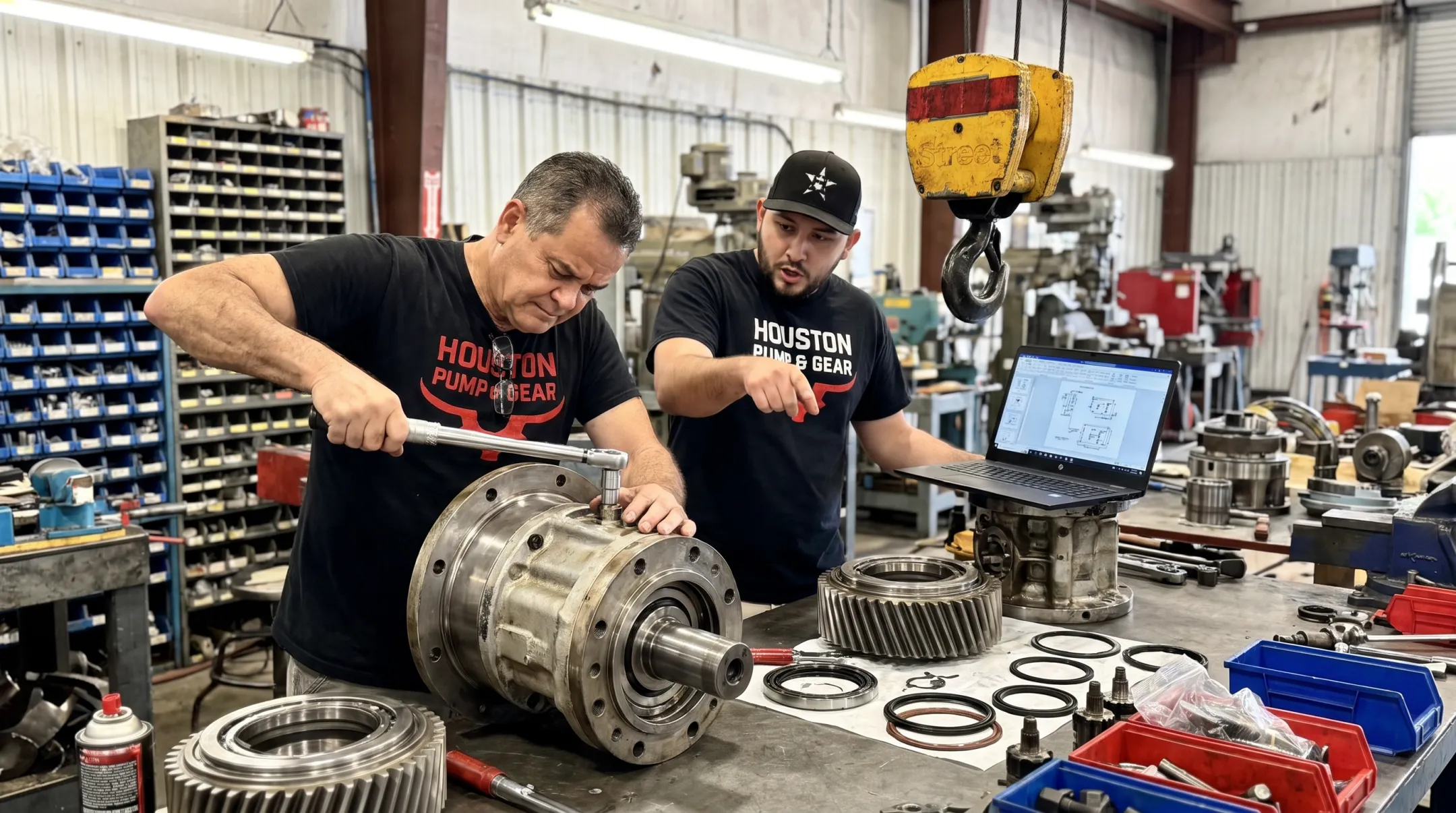 Houston Pump and Gear technicians performing emergency hydraulic pump rebuild