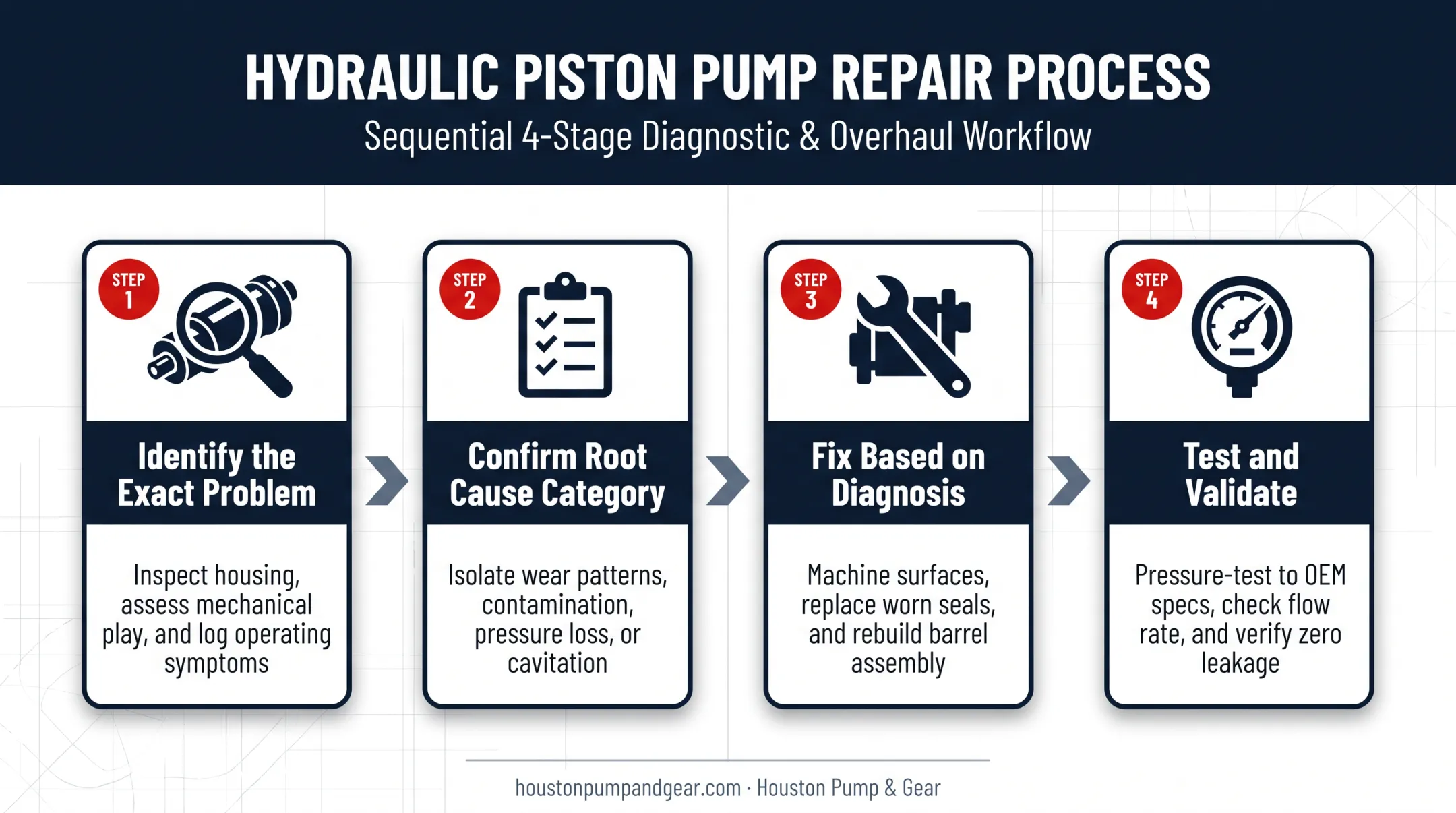 Four-step hydraulic piston pump diagnostic and repair process flow