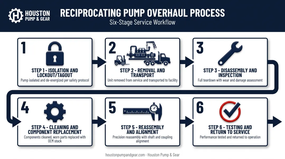 Six-step reciprocating pump overhaul process from lockout to return to service