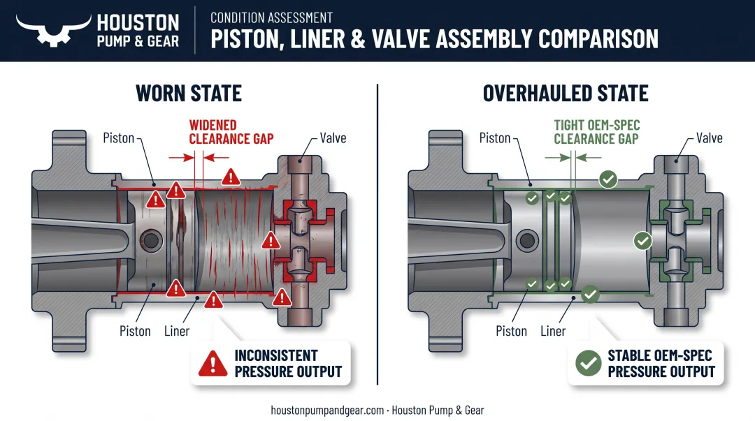 Worn pump clearances versus OEM-spec restored tolerances comparison diagram