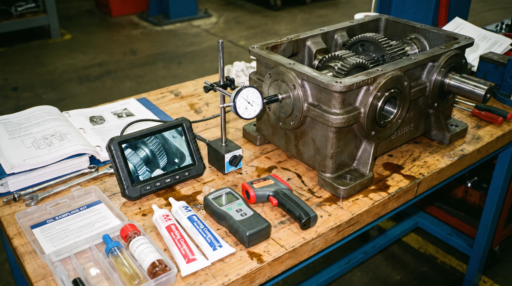 Gearbox inspection toolkit with borescope dial indicator and thermal camera