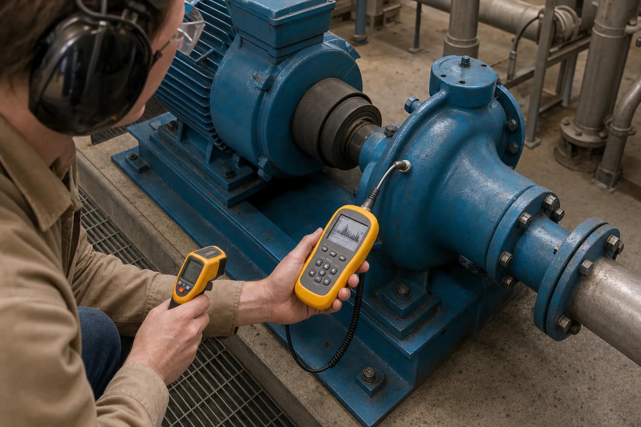 Technician using vibration meter and infrared thermometer on industrial pump