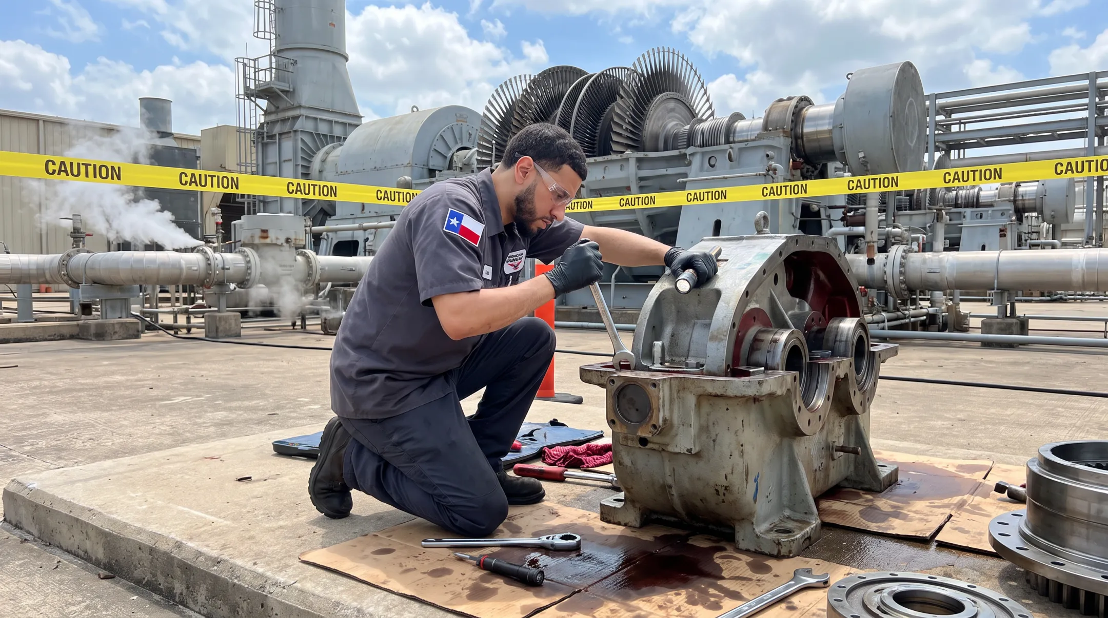 Houston Pump and Gear technician servicing industrial gearbox on-site