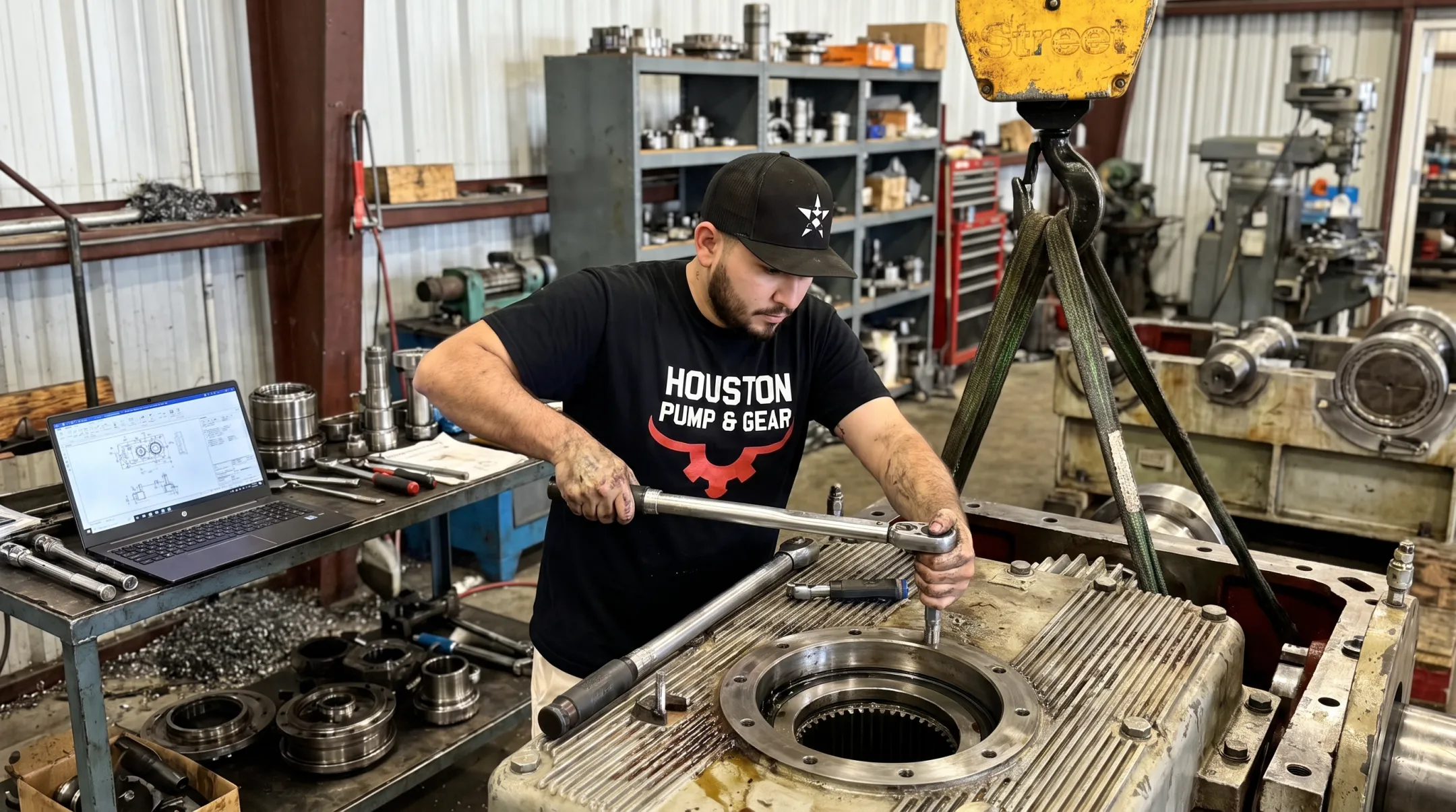 Technician performing emergency industrial gearbox repair in service shop