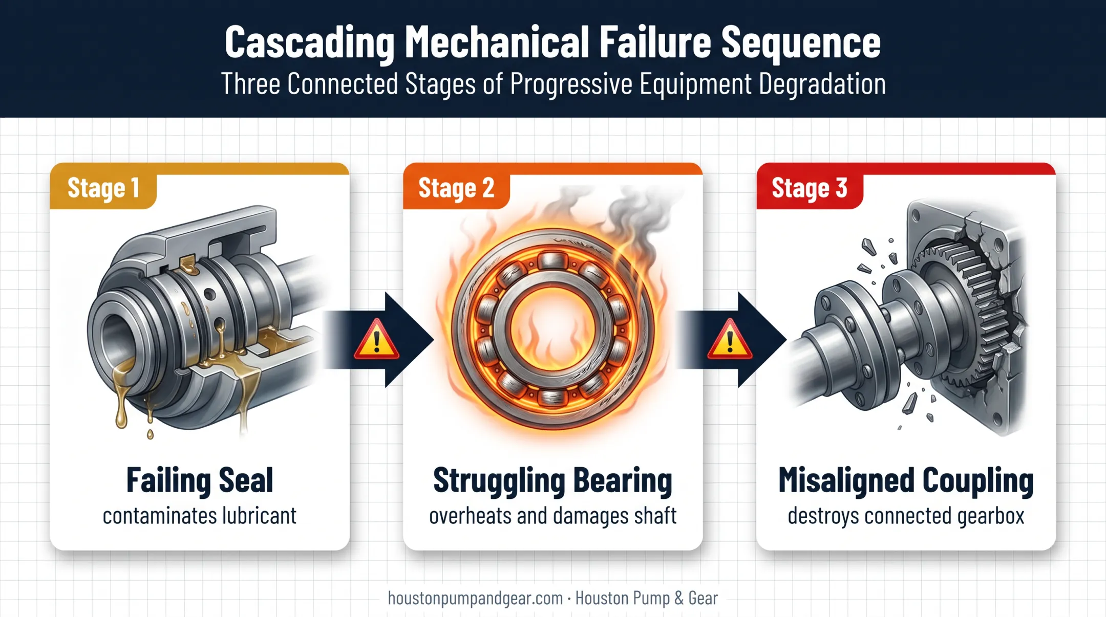 Cascading pump failure chain from seal to gearbox damage