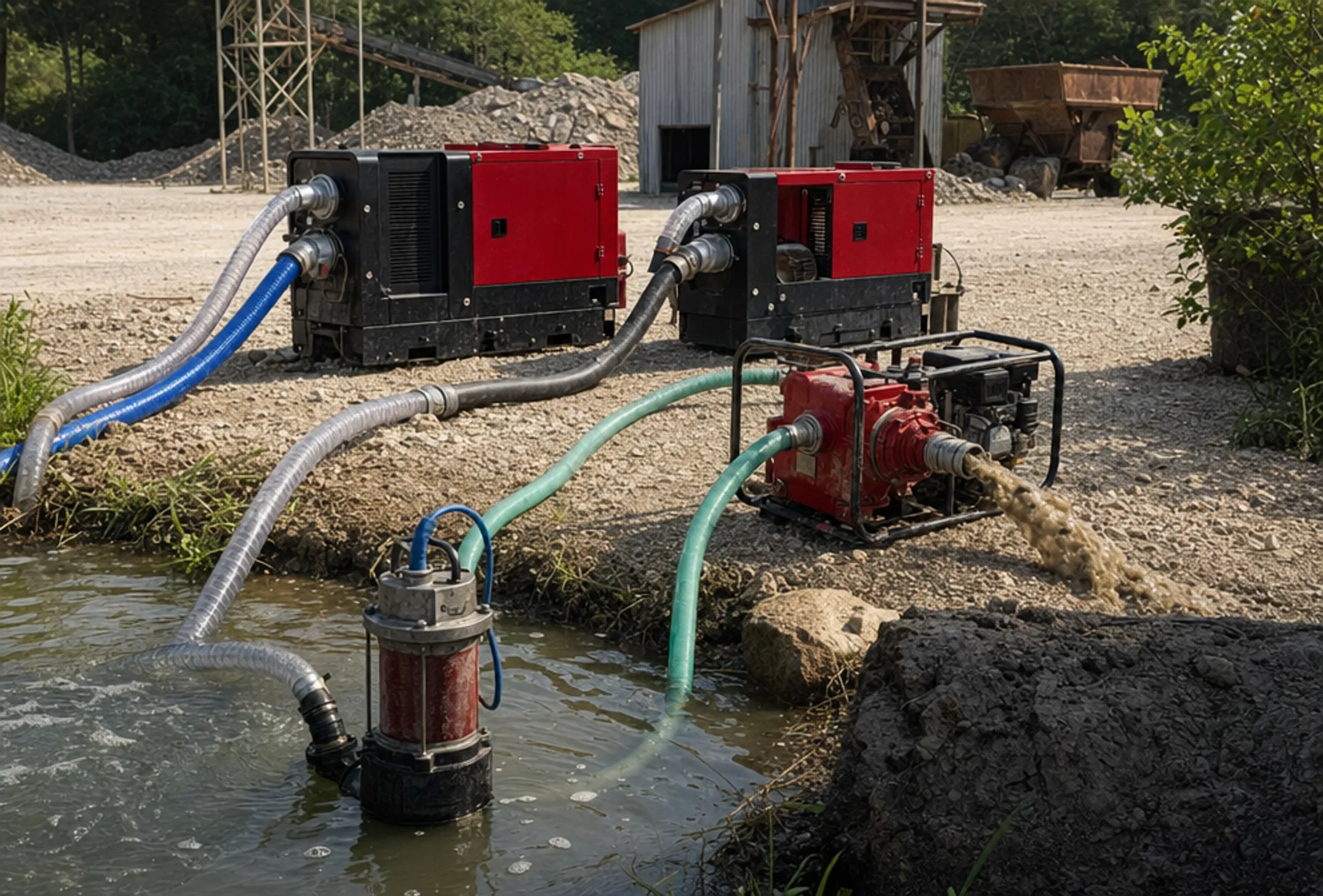 Submersible trash and self-priming dewatering pumps on job site