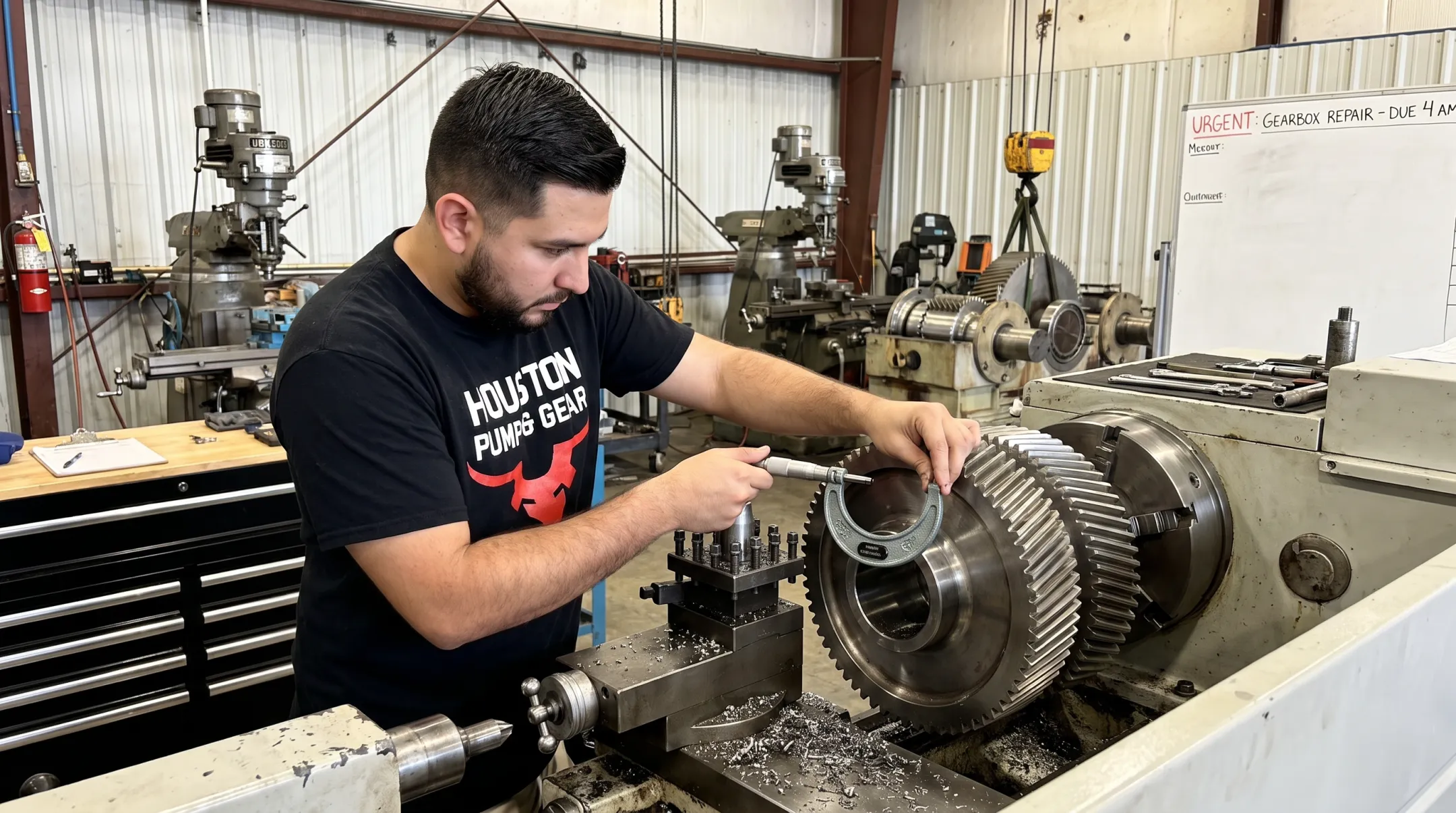 Technician performing emergency gearbox repair at Houston Pump and Gear shop