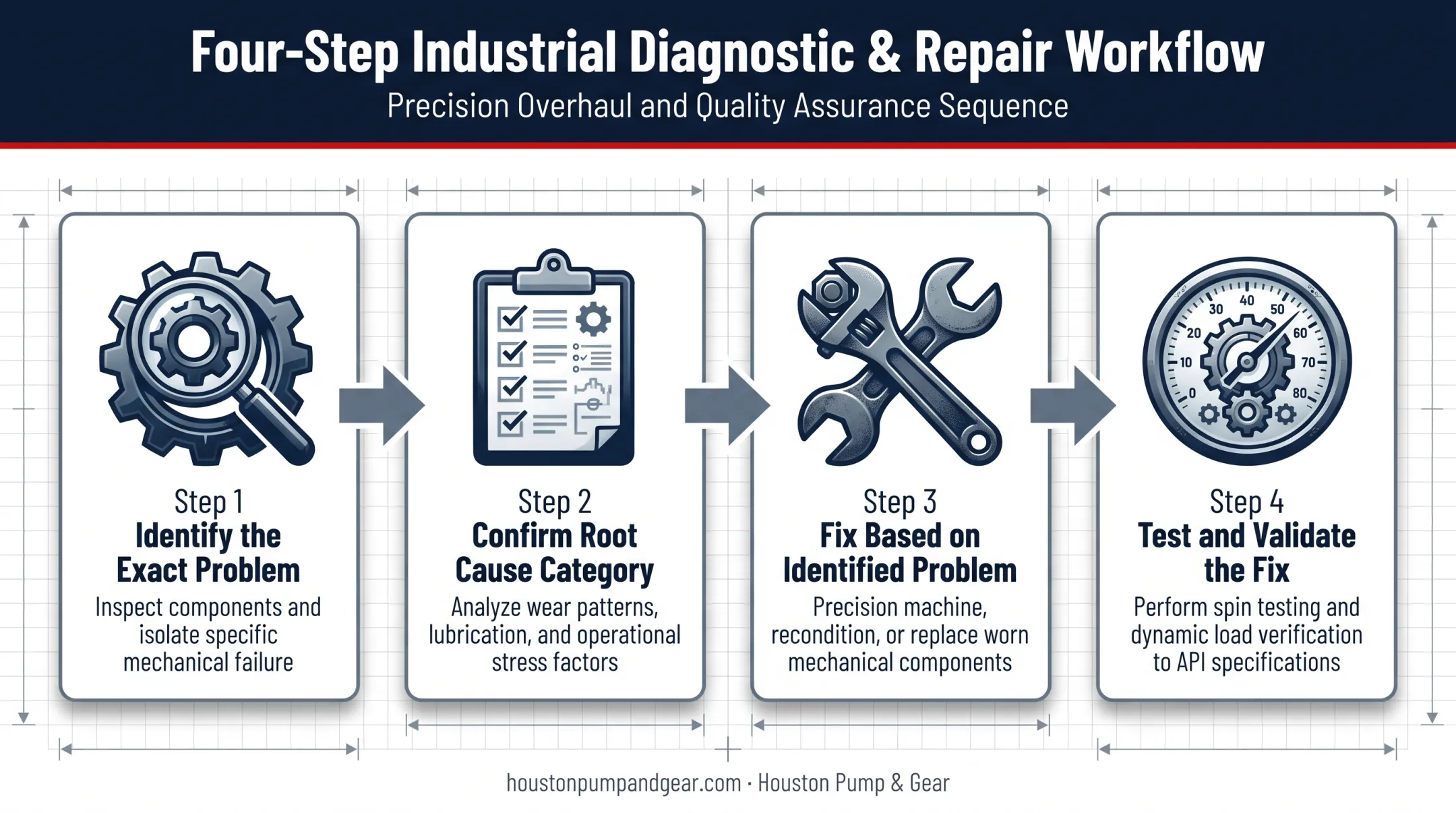 Four-step dewatering pump diagnosis and repair process flow