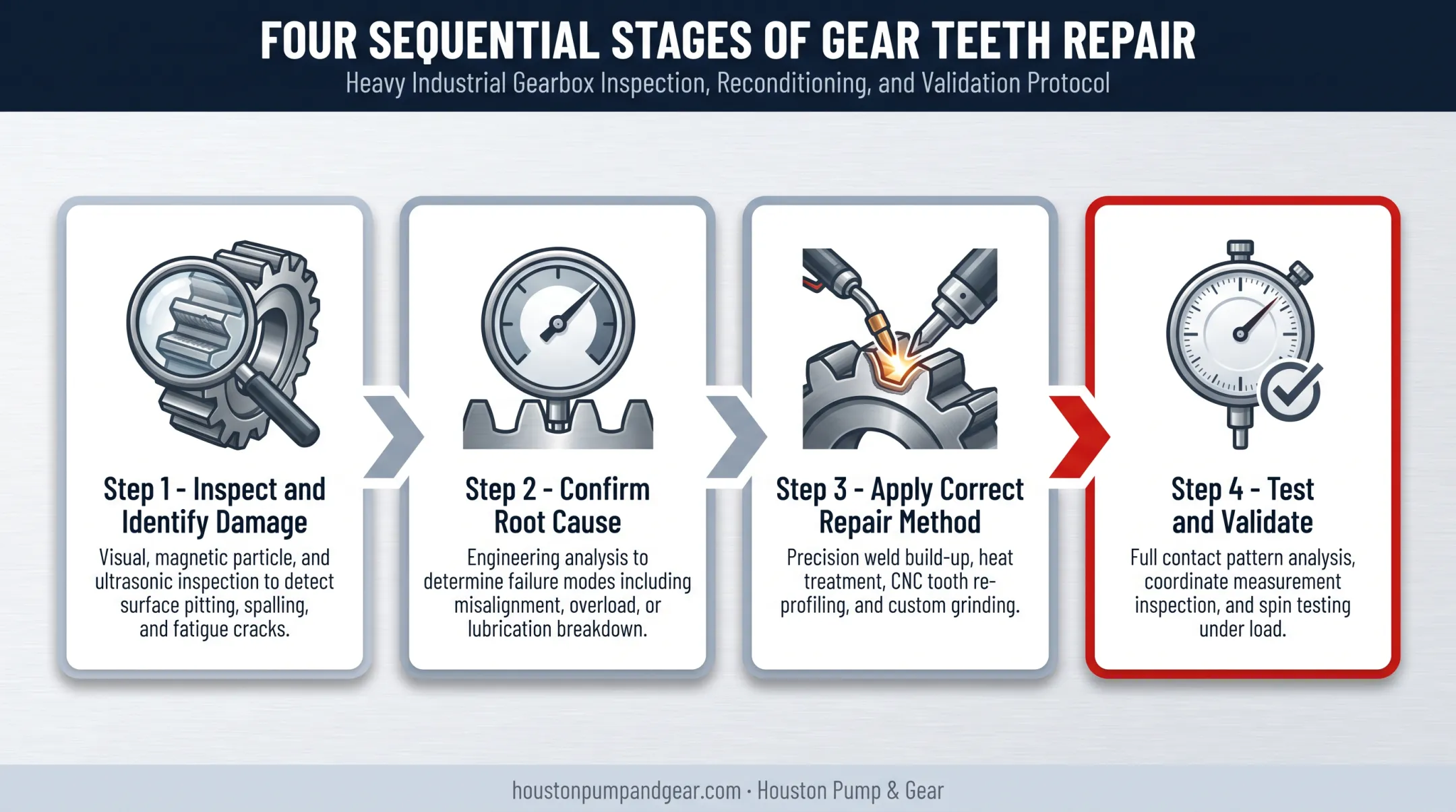 4-step gear teeth repair process from inspection to validation testing